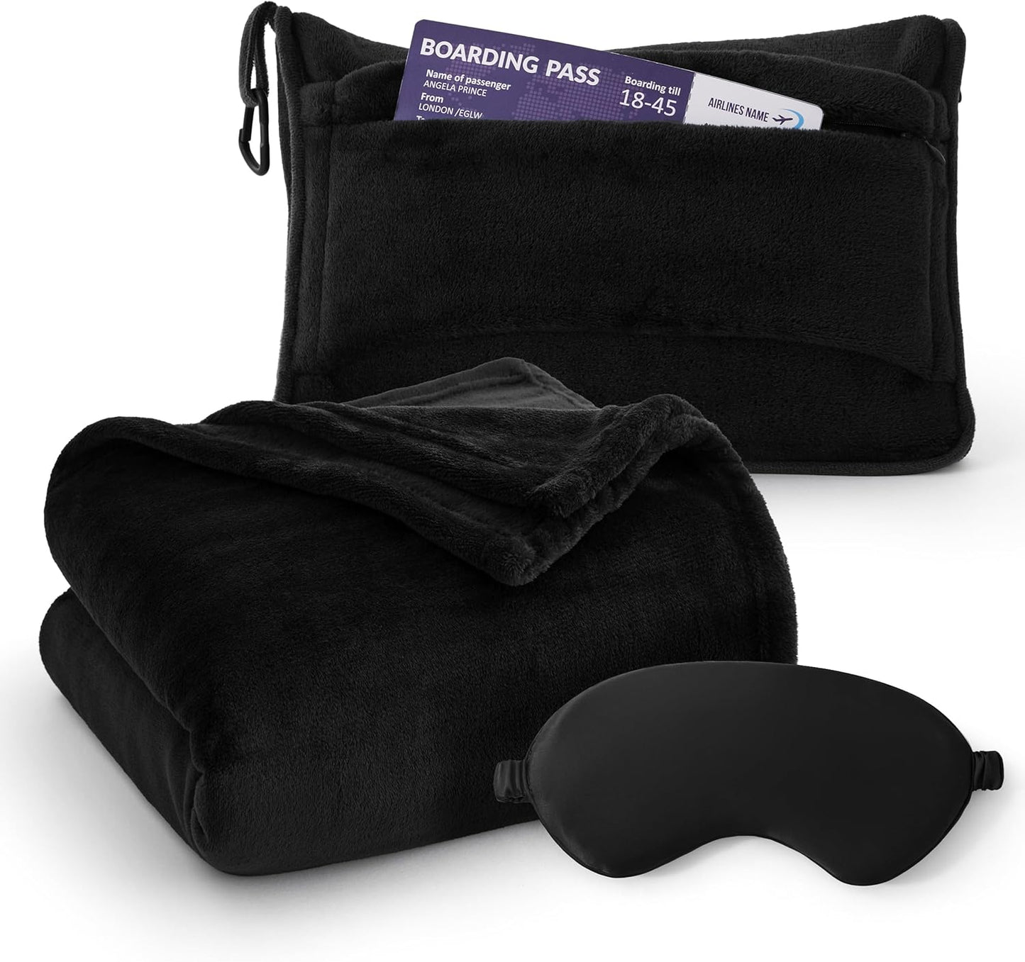 Bedsure Travel Blanket Airplane Compact with Storage Bag, Packable Blanket with Eye Mask, Lightweight 2-in-1 Travel Essentials, Functioned as Pillow for Airplane Comfort and Warmth, Black