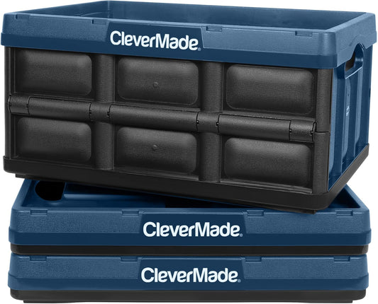 CleverMade Collapsible Storage Bins - Ocean 3 Pack 32L / 8 Gal holds 66 lbs - Stackable Containers Heavy Duty Capacity Folding Crates Space-Saving