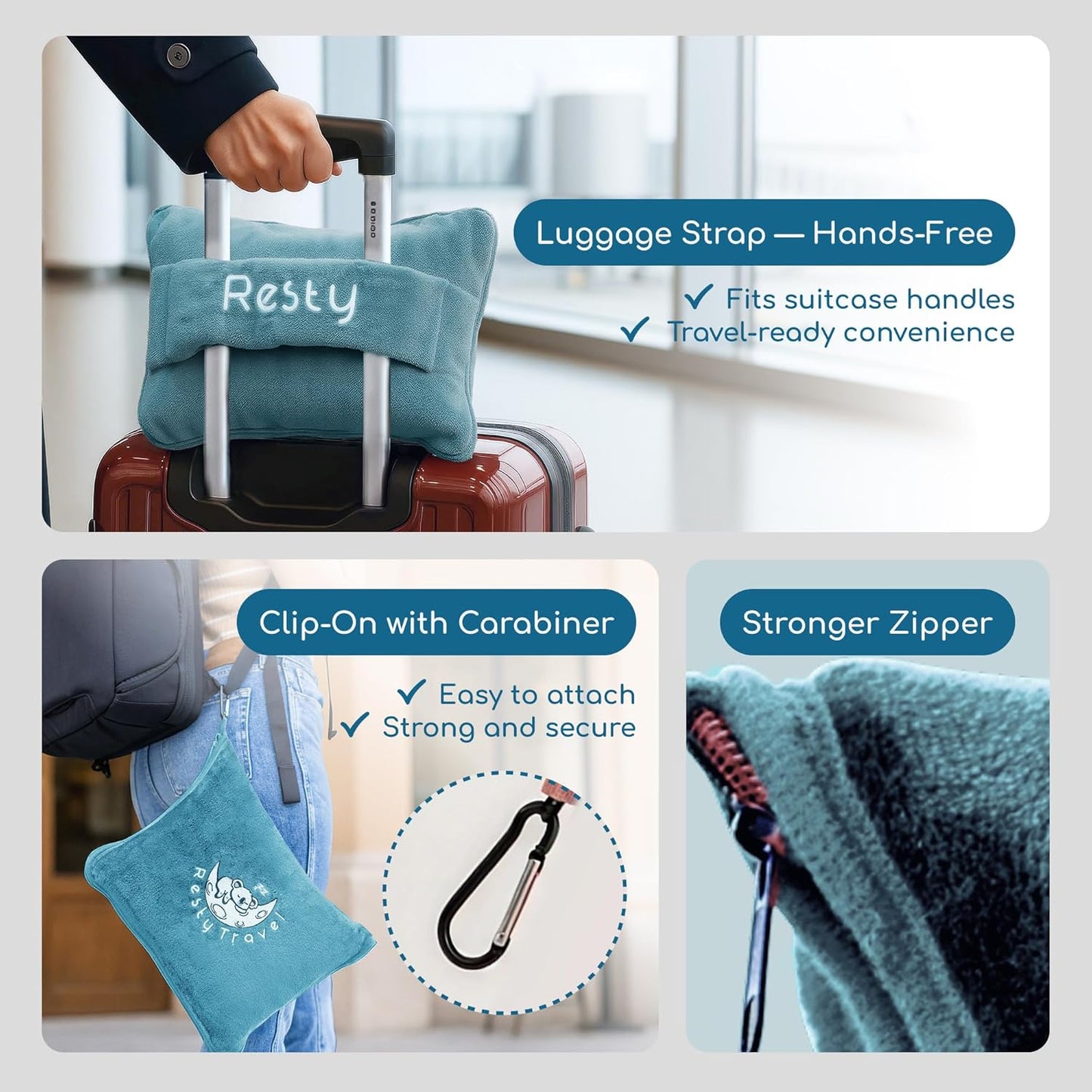 Resty 65"x40" Traveling Airplane Blanket, Baby Blue – Lightweight, Velvety Soft Blanket That Becomes a Travel Pillow – Must-Have Comfort for Planes & Road Trips – Travel Essentials for Women & Men