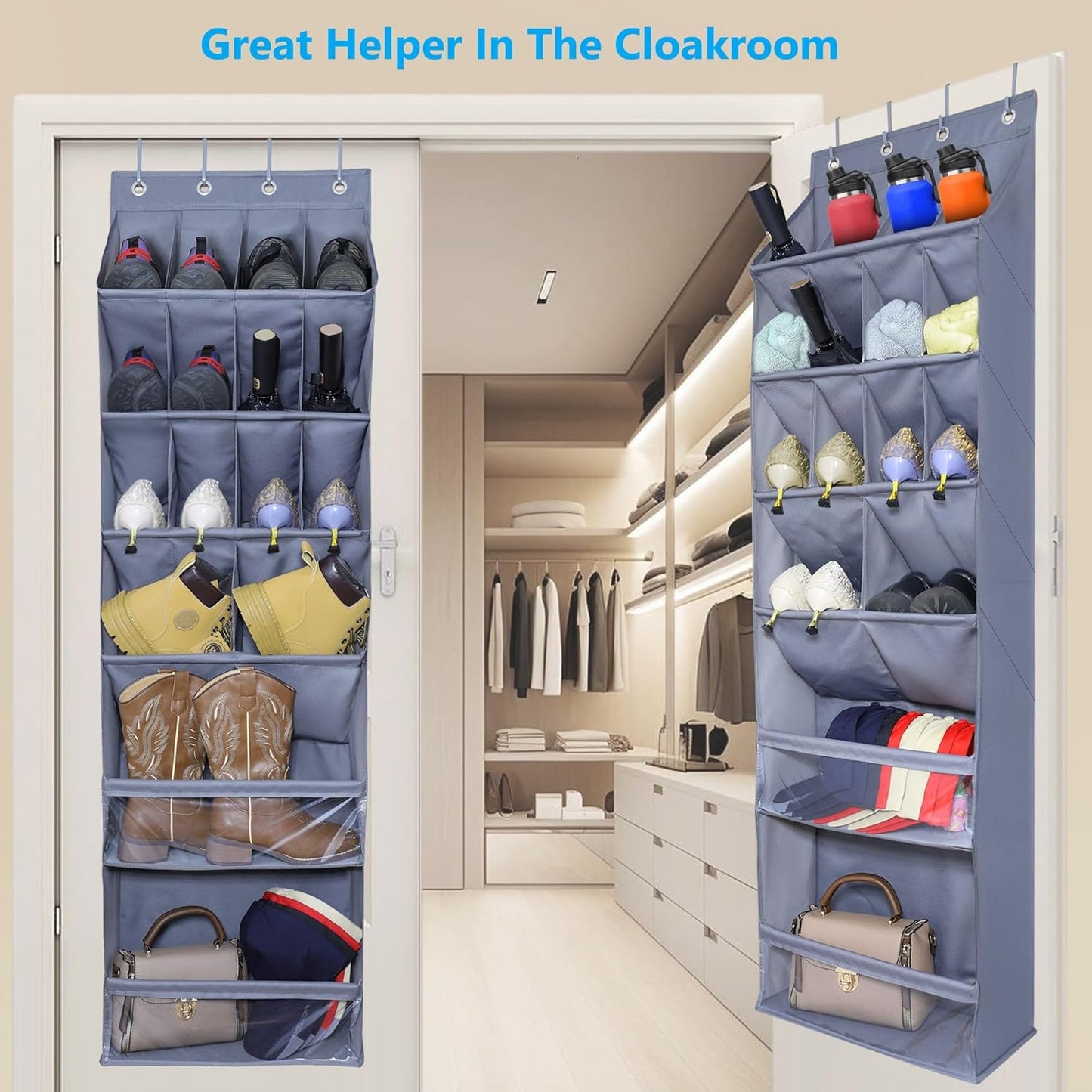 Over The Door Shoe Organizer with Large Deep Pockets Hanging Multifunction Shoe Holder for Narrow Door Dorm Closet, Grey 16 Pockets
