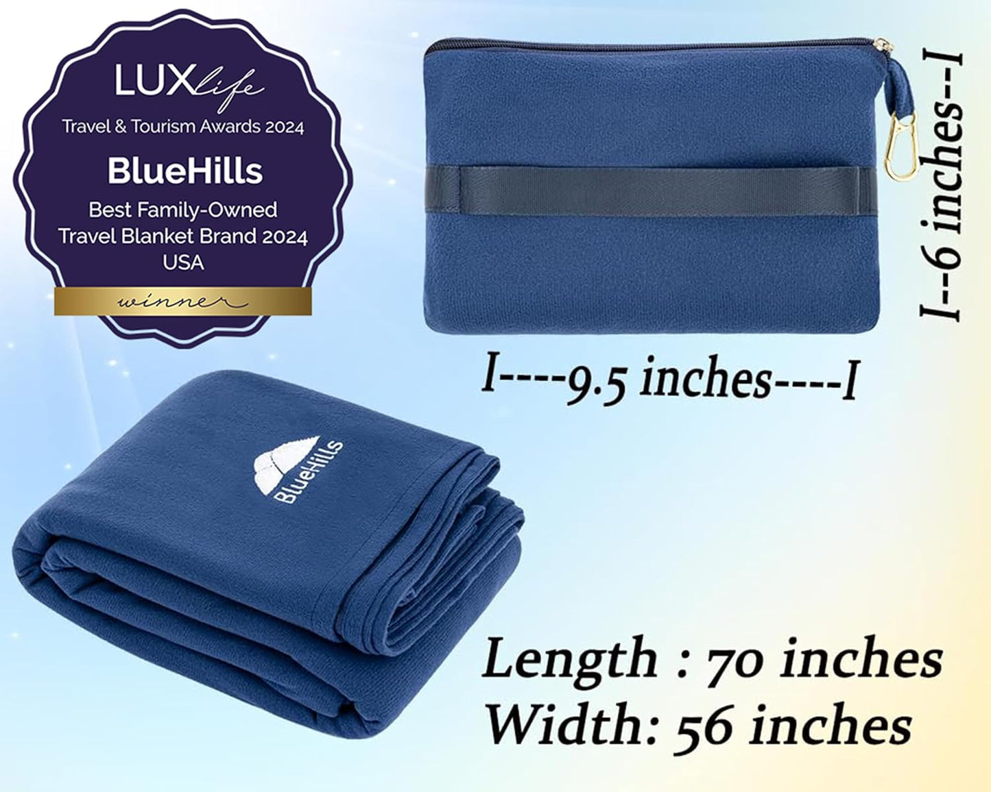 BlueHills Travel Blanket Pillow Compact Lightweight Pocket Size Airplane Traveling Essential Flight Trip Throw in Bag Portable Case Plane Accessory Navy Blue L04