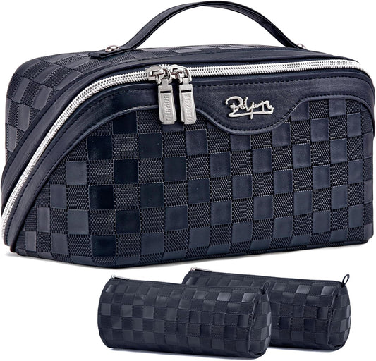 Travel Makeup Bag Organizer Cosmetic Bag: 3 Pcs Set Make up Bags for Women with Handle - Waterproof Vegan Leather Toiletry Bags with Comparments (C-12-Dark Blue)