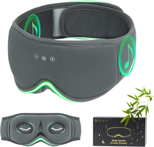 Bamboo Cotton Sleep Mask with Bluetooth Wireless Headphones - Blackout Eye Mask for Sleeping 3D Contoured Sleep Headband Ear Muffs Lengthen & Low Noise Hook for Better Experience (Grey)