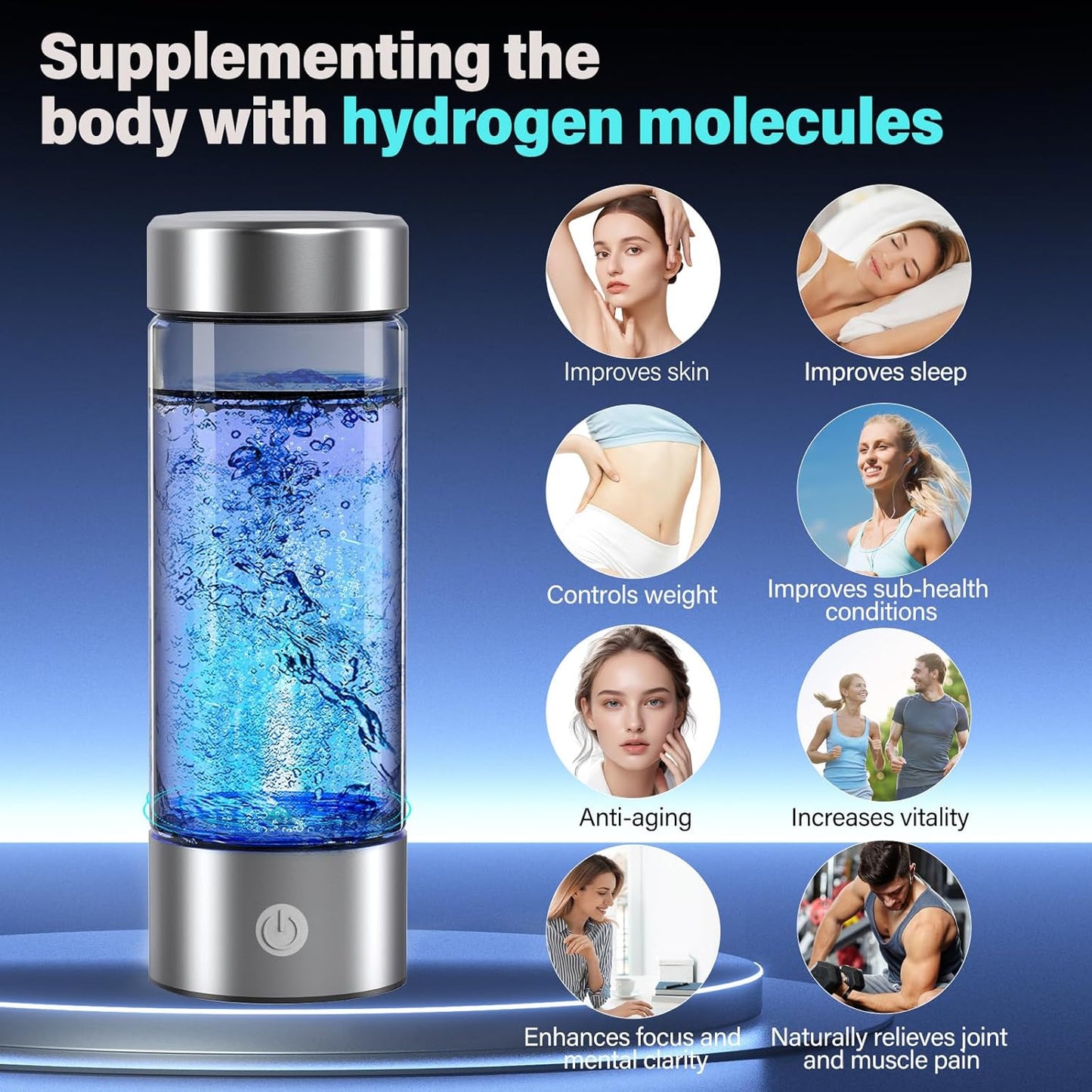 Hydrogen Water Bottle, 3000PPB Portable Hydrogen Water Ionizer Machine, Rechargeable Hydrogen Water Bottle Generator,with SPE & PEM, Hydrogen Water Cup for Exercise, Travel, Home, Office(1pcs)