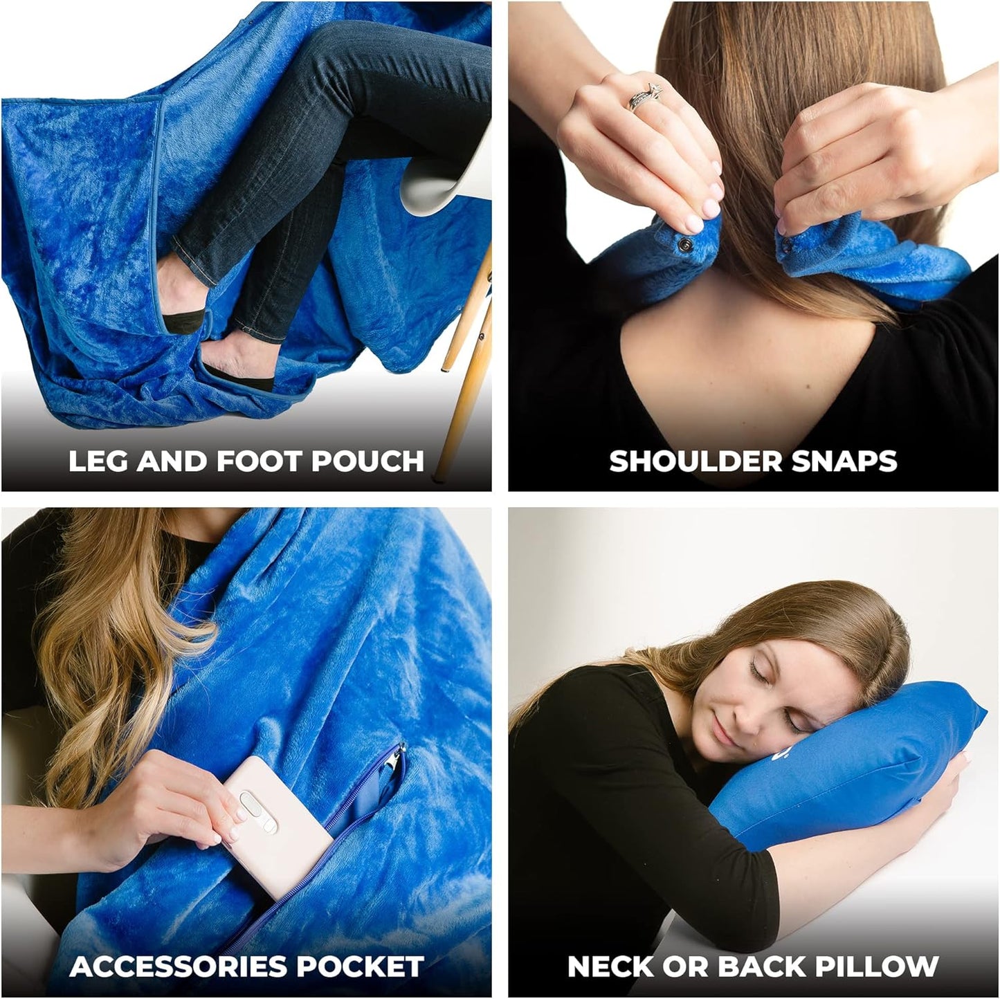 Lightweight Travel Blanket - Premium & Compact Airplane Wearable Blanket with Neck Snaps, Cozy Foot Pockets, Zipper Pouch - Converts into Soft Pillow - Designed for Ultimate Comfort - Royal Blue
