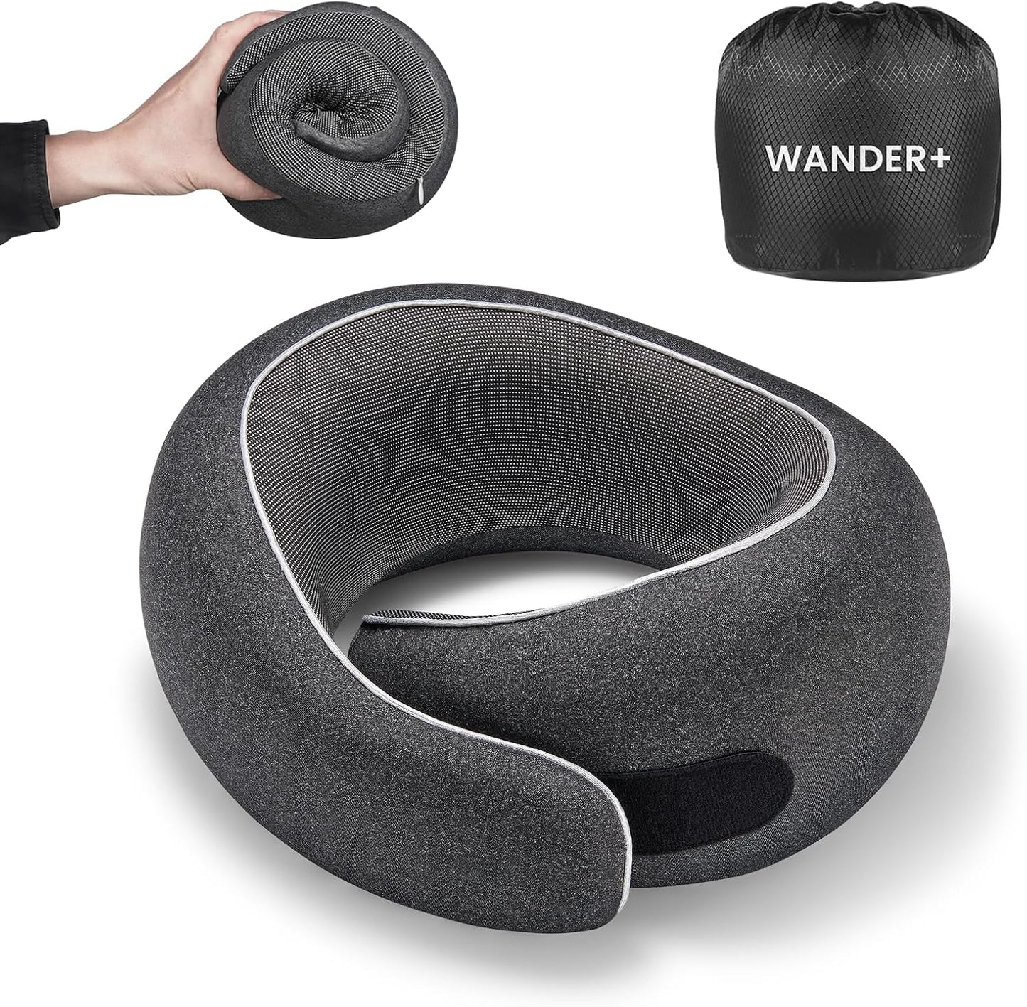 WANDER PLUS® Travel Pillow, 100% Pure Memory Foam Travel Neck Pillow Airplane Neck Support Ergonomic Design Best for Sleeping Plane Car Train Office Flight for Adults Black