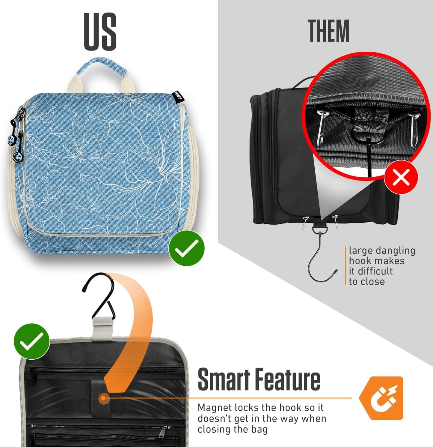 VENTURE 4TH Hanging Travel Toiletry Bag for Women & Men - Travel Organizer with Expandable Compartments & Removable Clear Pouch for Toiletries (Blue Flowers)