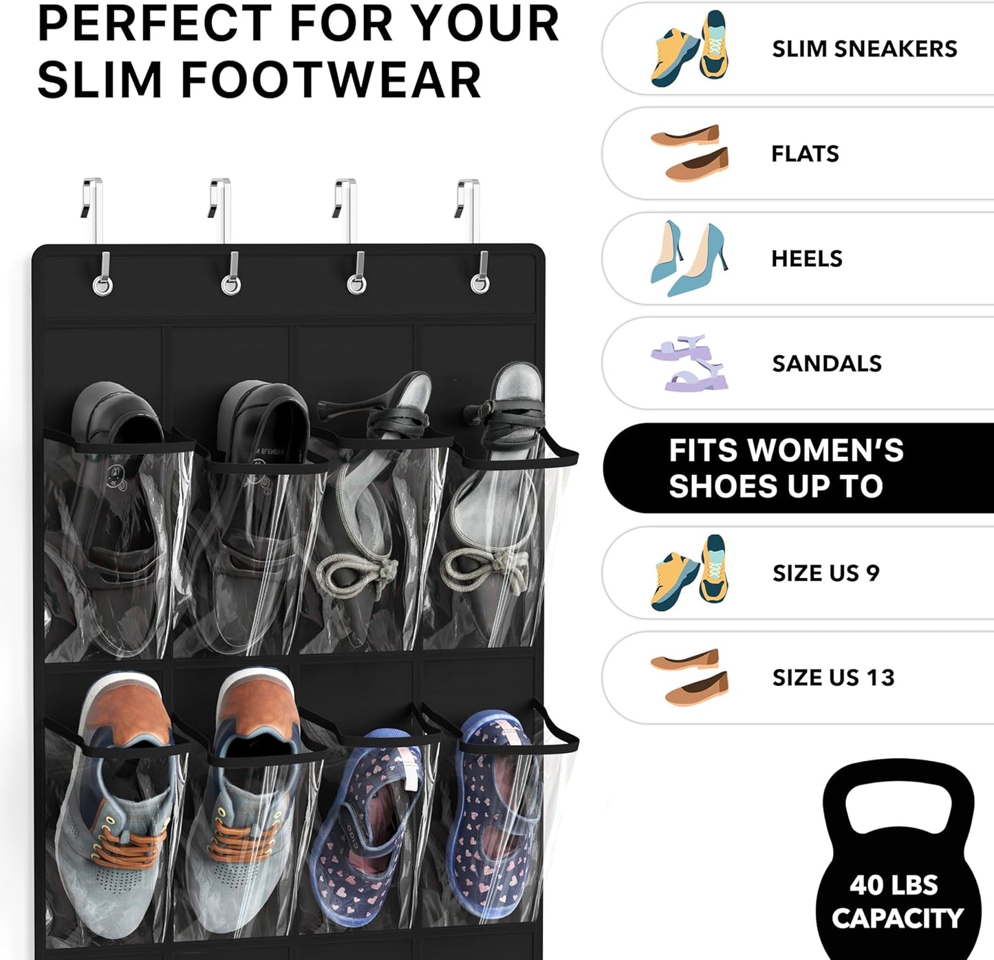 Simple Houseware 24 Pockets - Crystal Clear Over The Door Hanging Shoe Organizer, Black (64'' x 19'')