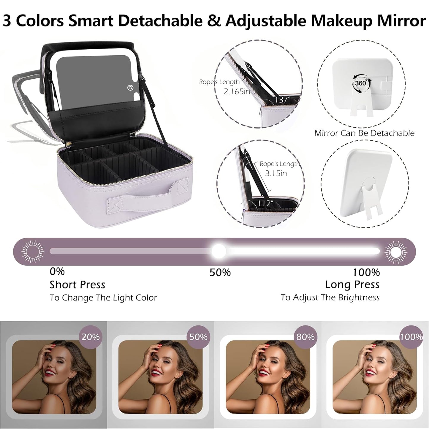 MOMIRA Travel Makeup Bag Cosmetic Bag Makeup Organizer Bag with Lighted Mirror, Adjustable Brightness in 3 Color Scenarios, Waterproof Makeup Train Case, Gift for Women - Violet grey