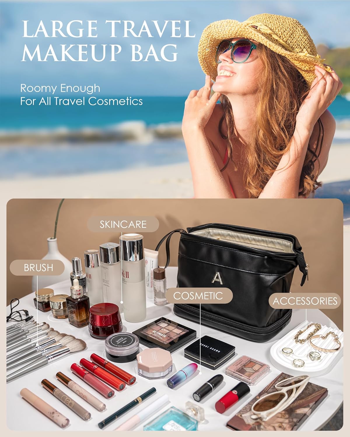 Bridesmaid Gift, Initial Makeup Bags, Personalized Double Layer Cosmetic Bag with Makeup Brush Organizer, Waterproof, Large Capacity PU Leather Travel Toiletry Bag