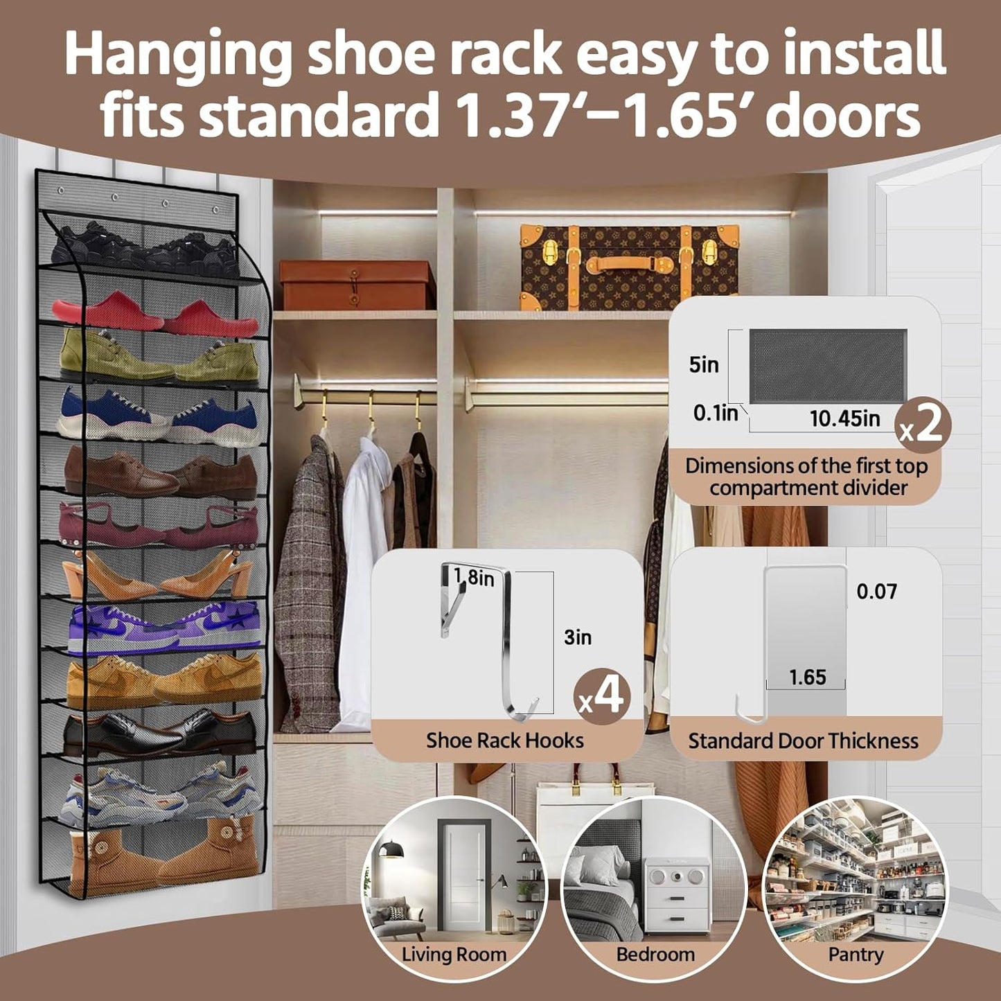 12 Pocket Over the Door Shoe Organizer,Reusable Breathable Large Mesh Bag Men's & Women's Sneaker Organizer,Shoe Organizer for Kids,Hanging Shoe Storage Hanging Bag (Gray)