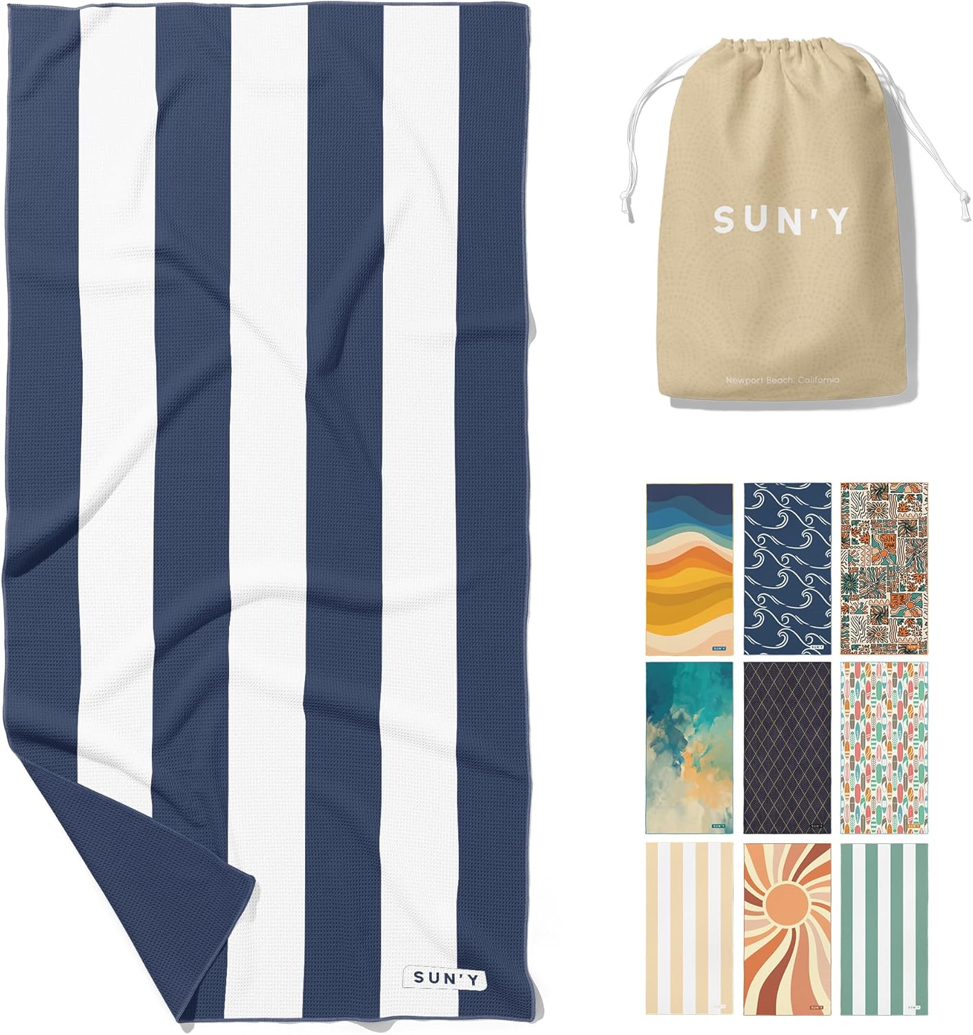 SUN'Y Waffle Microfiber Beach Towel – Sand Free, Quick Dry, Ultra Absorbent, Lightweight & Compact Travel Towel with Carry Bag - Large (63” x 31.5”), Nautical Navy