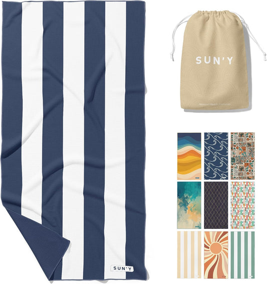 SUN'Y Waffle Microfiber Beach Towel – Sand Free, Quick Dry, Ultra Absorbent, Lightweight & Compact Travel Towel with Carry Bag - Large (63” x 31.5”), Nautical Navy