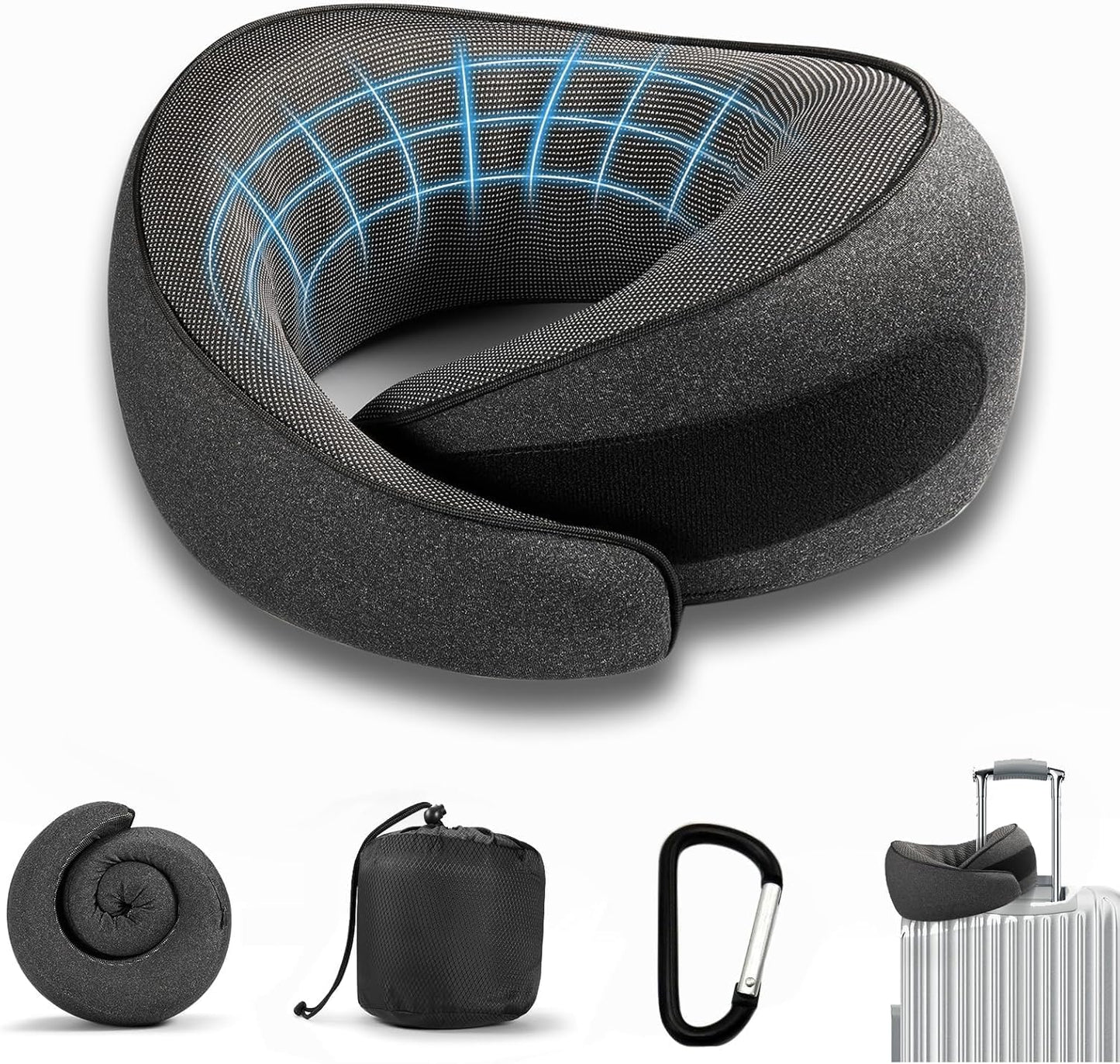 SZXYX Travel Pillows for Airplanes, 100% Pure Memory Foam Neck Pillow for Airplanes, Comfortable Breathable Cover, 360° Support Stowable Pillows for Sleeping, Car, Airport Travel Essentials Black