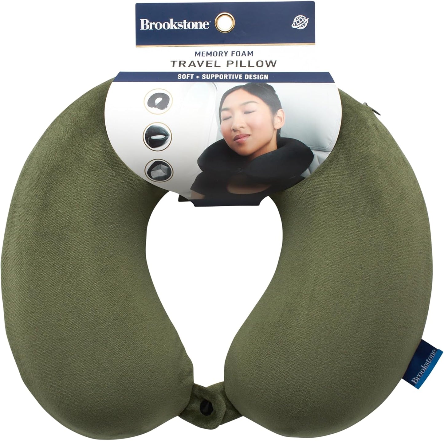 Brookstone Travel Neck Pillow - Lightweight Fleece Casing U-Shaped Stuffable Memory Foam Travel Pillow for Sleeping and Neck Support, Olive