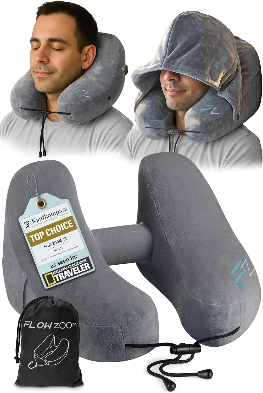 Air Inflatable Neck Pillow for Traveling on Plane - H-Shape Hooded Travel Pillow with 5 Snooze Modes, Fast Inflation, Pressure Control, Cozy Clip-On Hood & Plushy Cover - Size L, Silver Gray