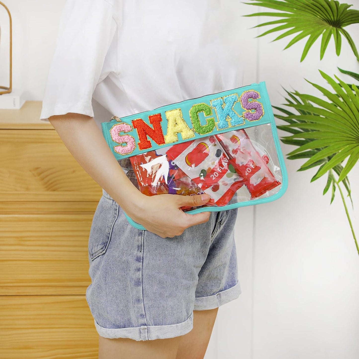 DYSHAYEN Chenille Letter Clear Zipper Pouch for Travel,Nylon Clear Cosmetic Bag,Makeup Travel Bag for Women Girls 11.8 Inches x 8.2 Inches