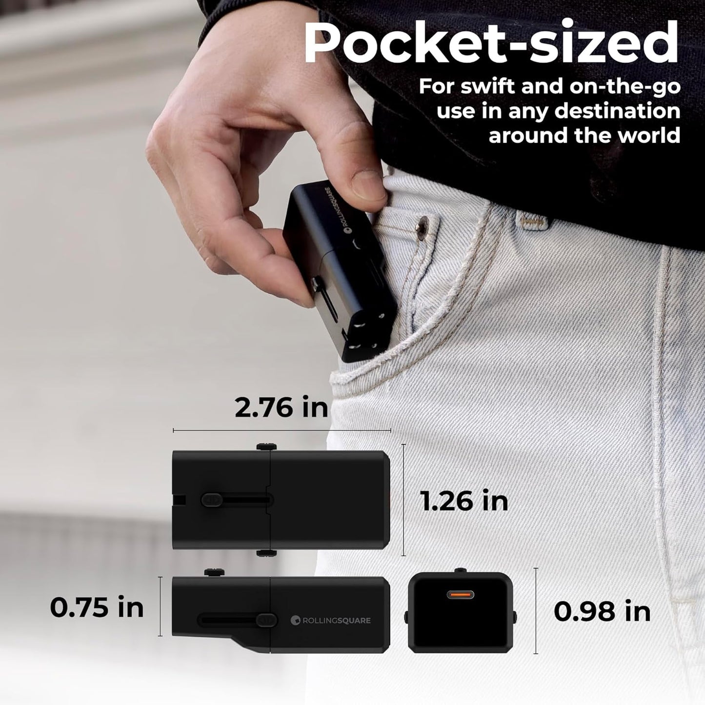 Rolling Square Portable Pocket Travel Adapter I Universal USB-C Charger for 200+ Countries I US, EU, UK, AU Plug 30W Fast Charging for Smartphones, Tablets & More I Compact & Lightweight I Black