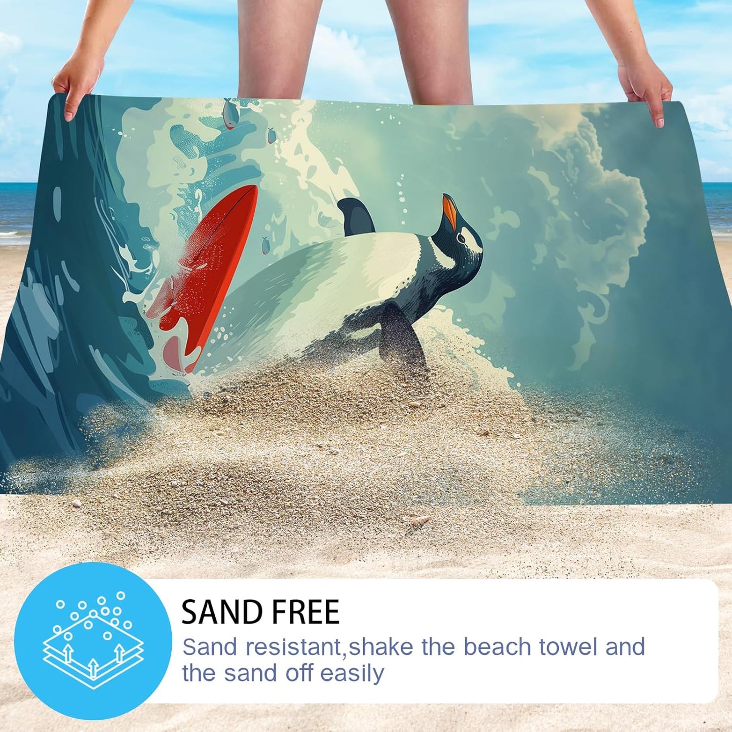 WZOMT Microfiber Penguin Beach Towel Oversized, Cute Penguin Surfing Ocean Animal Blue Bath Towels for Adults Kids, Soft Quick Dry Absorbent Sandproof Travel Swim Pool Towels 32x52 Inch