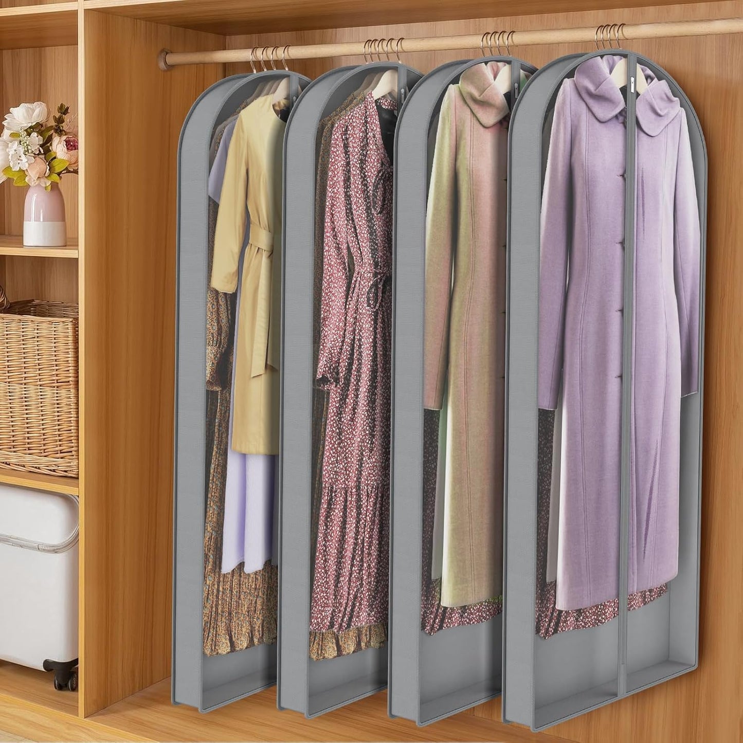 Zilink Luxury Breathable Fur Coat Storage Bags 60" Dress Bags for Gowns Long Mink Coat Garment Bag with 4" Gussted Wrinkle Free for Leather Jacket Fur Coats Puffy Dress Storage, Set of 4