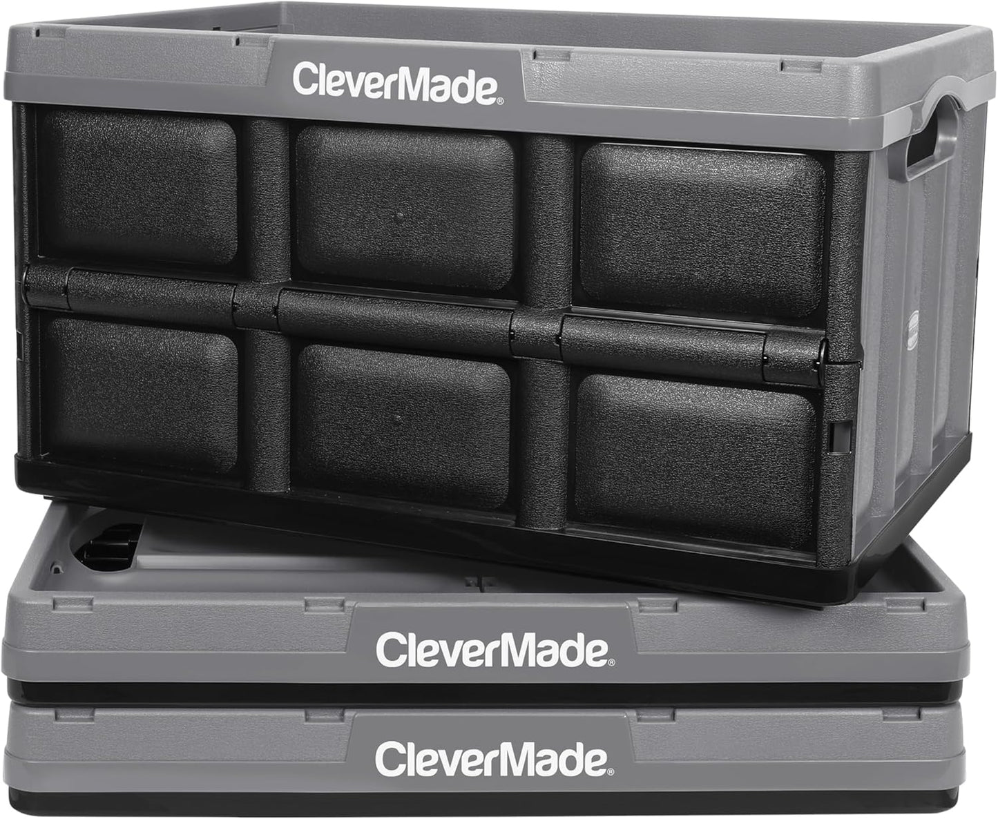 CleverMade Collapsible Storage Bins - Stone 3 Pack 62L - Stackable Containers Heavy Duty Capacity Folding Crates - Space-Saving for Home