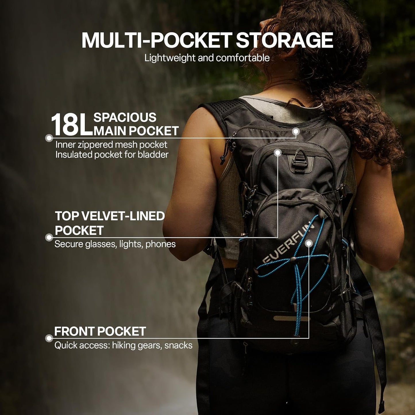 Everfun Hydration Backpack 18L with Water Bladder 2L/3L Hiking Water Backpack Women Men Hydration Pack Insulated Lightweight Day Hydropack with Storage for Hiking, Biking, Running, Festival