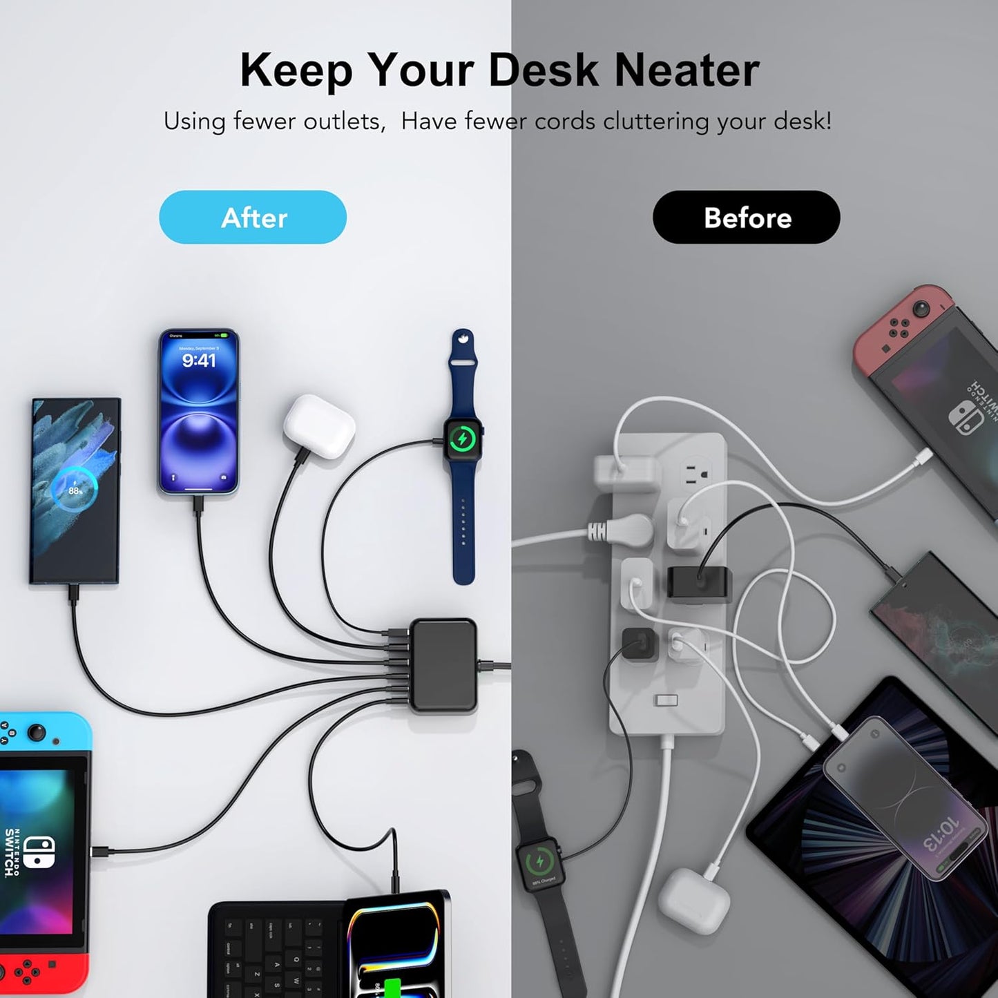 USB C Fast Charger, 100W GaN 6 Port Type USB C Charging Station Hub Block Cube, Wall Charger Power Strip Adapter Plug for iPad iPhone 16 15 14 13 12 Pro Max Pixel Note Galaxy, 5ft Cord