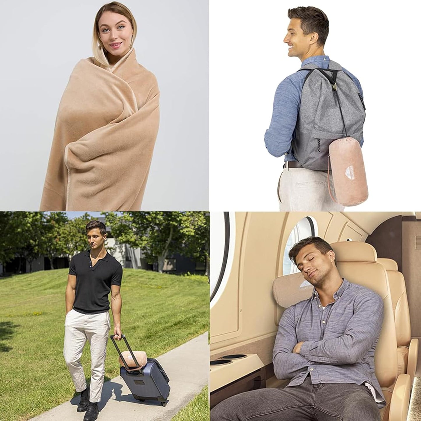 BlueHills Travel Blanket Pillow Rolled Premium Soft Plush Airplane Throw Traveler Essentials Gift Compact in a Bag 70X48 inches Long Car Plane Flight Portable Beige R06