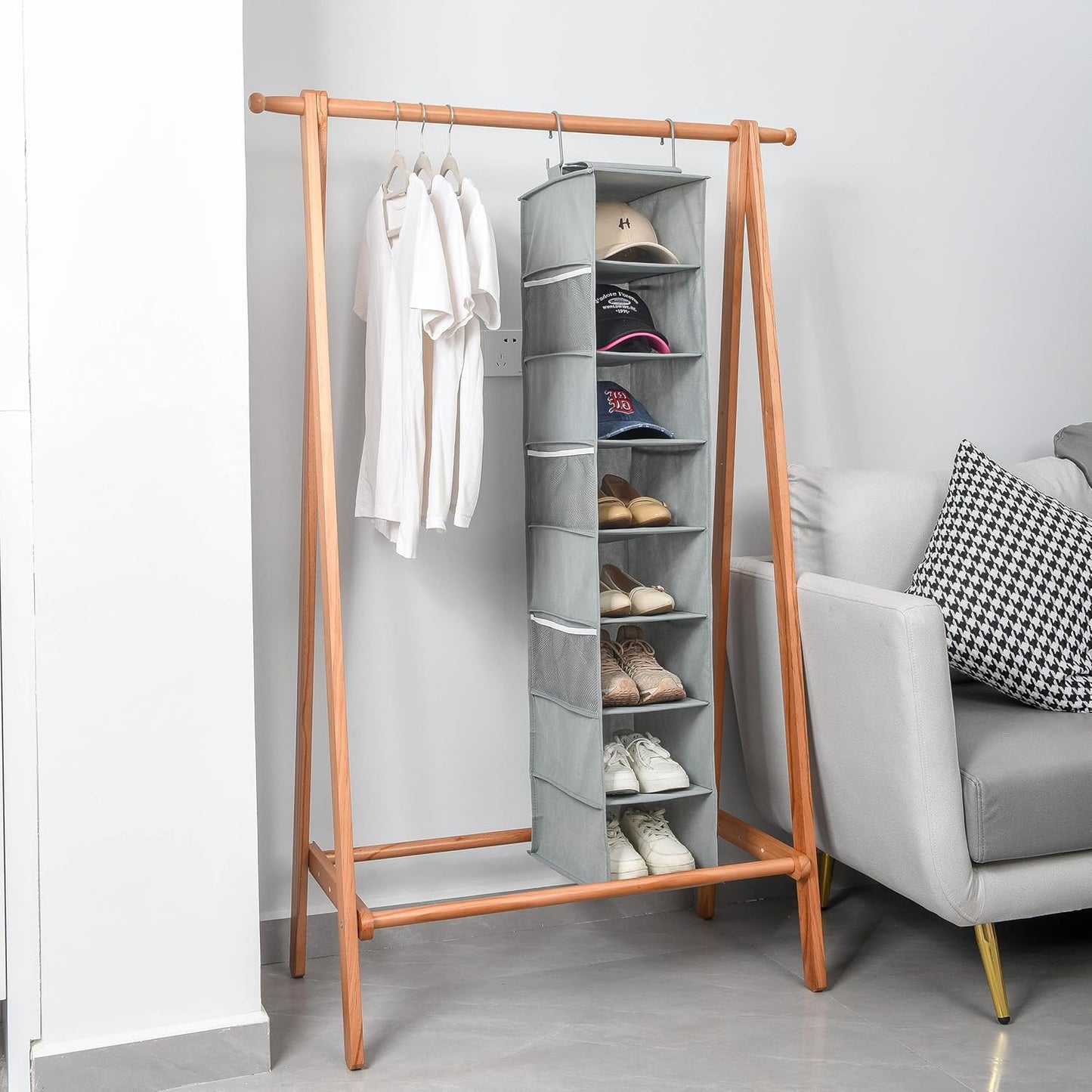 Hanging Shoe Organizer for Closet with Side Mesh Pockets，Hat Racks for Baseball Caps，Shoe and Hat Holder & Storage，8-Shelf，Gray，1 Pack