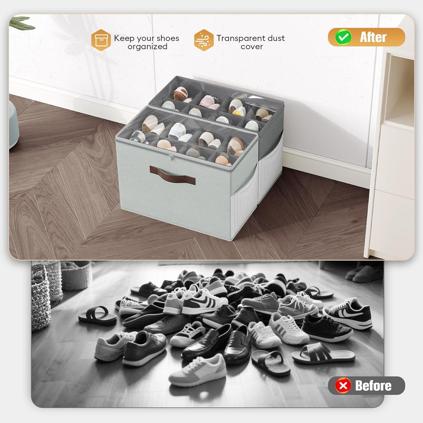 Budding Joy 2 Pack Shoe Organizer for Closet, Clear Foldable Shoe Storage Containers Adjustable Dividers Fits 16 Pairs,Shoe Storage Bins Baskets Boxes with Reinforced Handles Light Grey Greenish Grey