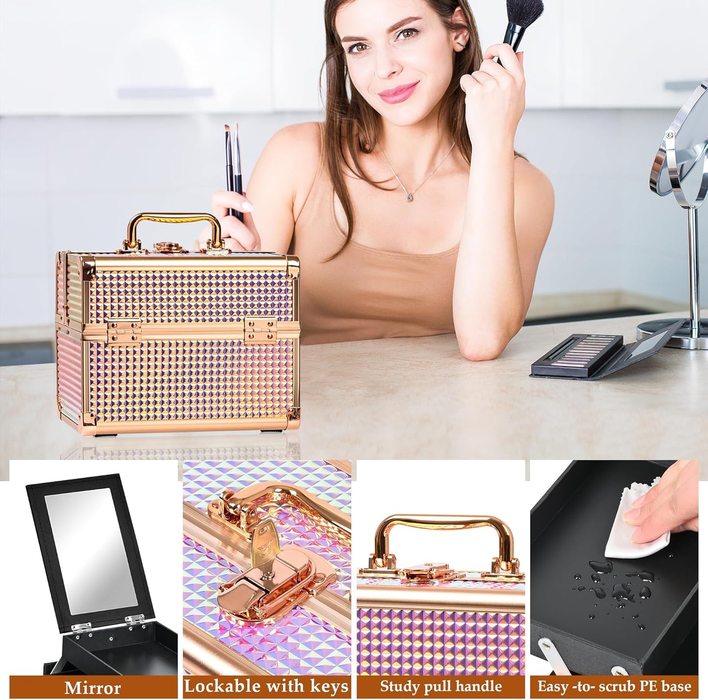 Makeup Case Organizer,Makeup Train Case, Trays Cosmetic Box Portable, Profesional for Salon Barber, Colorful Pink