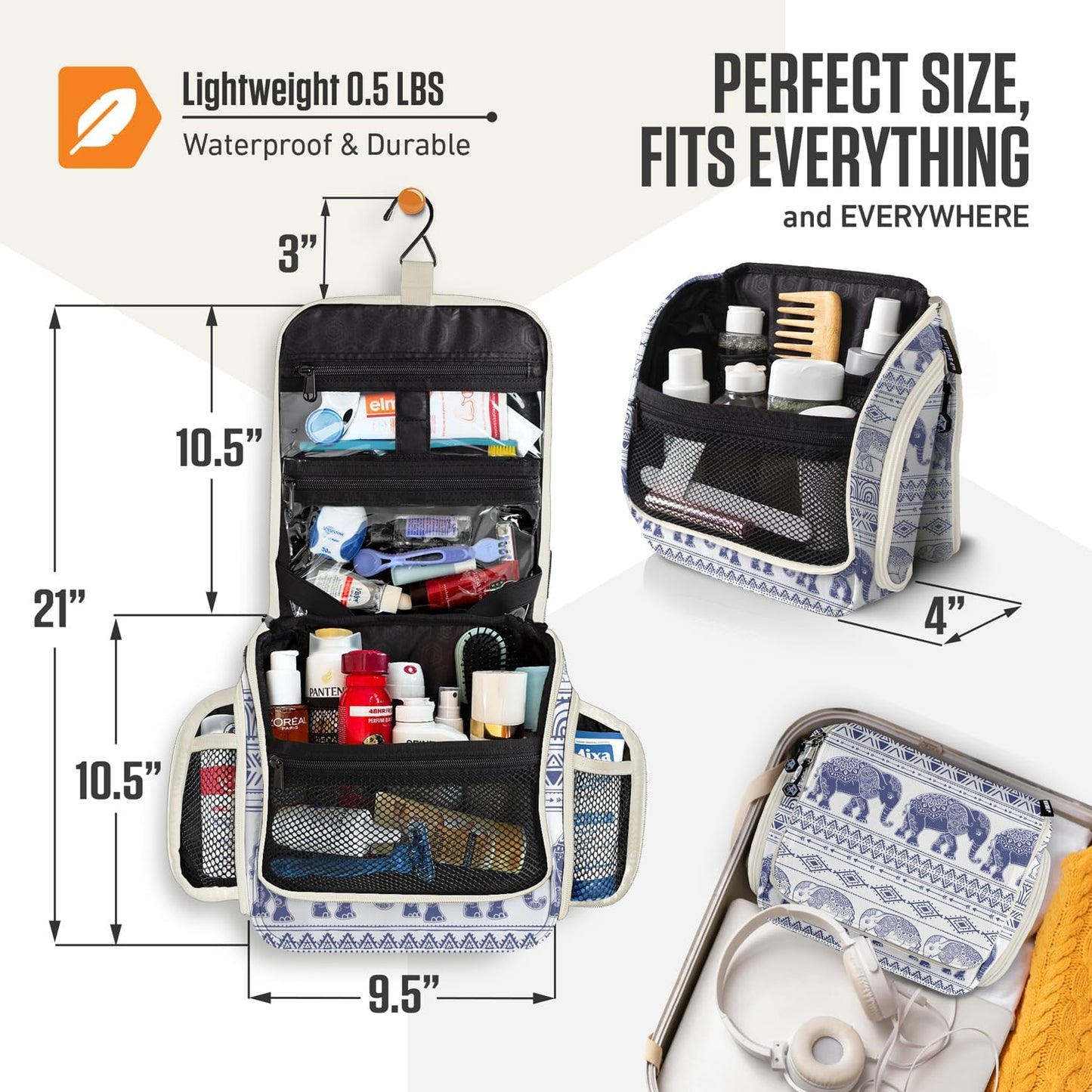 VENTURE 4TH Hanging Travel Toiletry Bag for Women & Men - Travel Organizer with Expandable Compartments & Removable Clear Pouch for Toiletries (Blue Elephant)