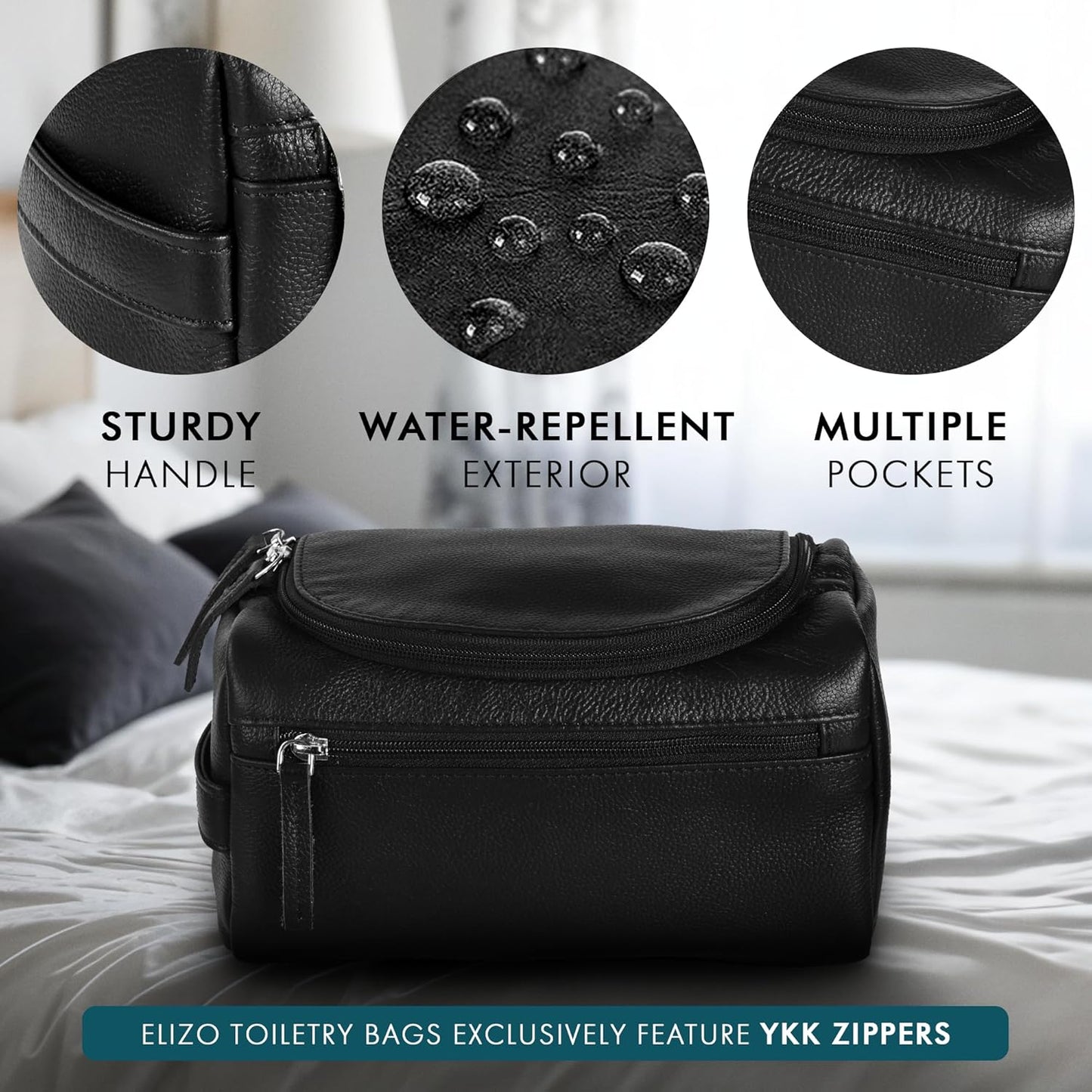 ELIZO Premium REAL Leather Toiletry Bag for Men Dopp Kitt Hanging Mens Toiletry Large TSA Toiletries Bag Shaving Grooming Bag Organizer Black