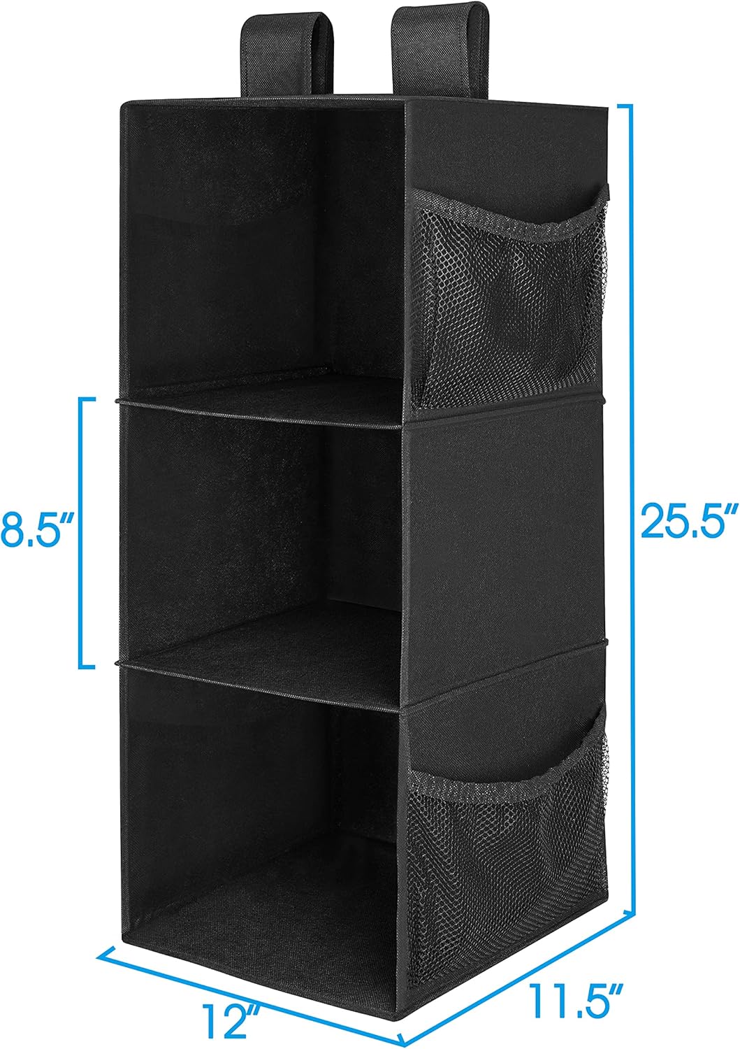 MAX Houser 3-Shelf Hanging Closet Organizer, Hanging Sweater Organizer, Foldable Hanging Shelves for Closet with 2 Velcro, Black