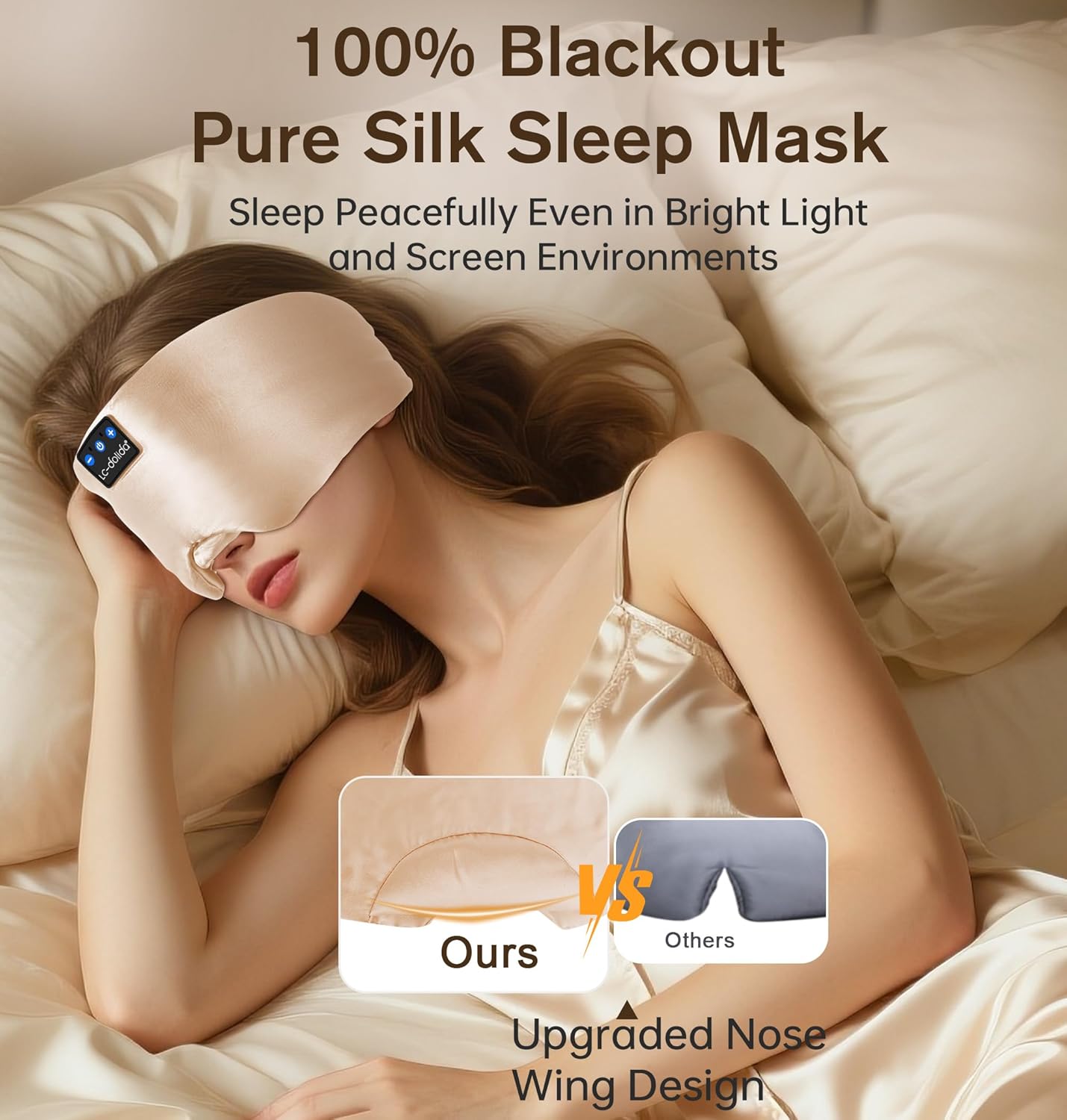 LC-dolida Luxurious Silk Soft Sleep Mask, Sleep Headphones with Bluetooth 5.4 for Side Sleeper, Total Blackout Eye Sleeping Mask for Women and Men, Ideal Gift for Restful Sleep, Travel(Champagne)