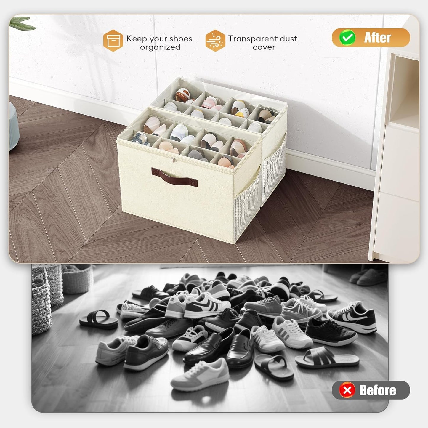 Budding Joy 2 Pack Shoe Organizer for Closet, Clear Foldable Shoe Storage Containers Adjustable Dividers Fits 16 Pairs,Shoe Storage Bins Baskets Boxes with Reinforced Handles Beige Yellow Beige