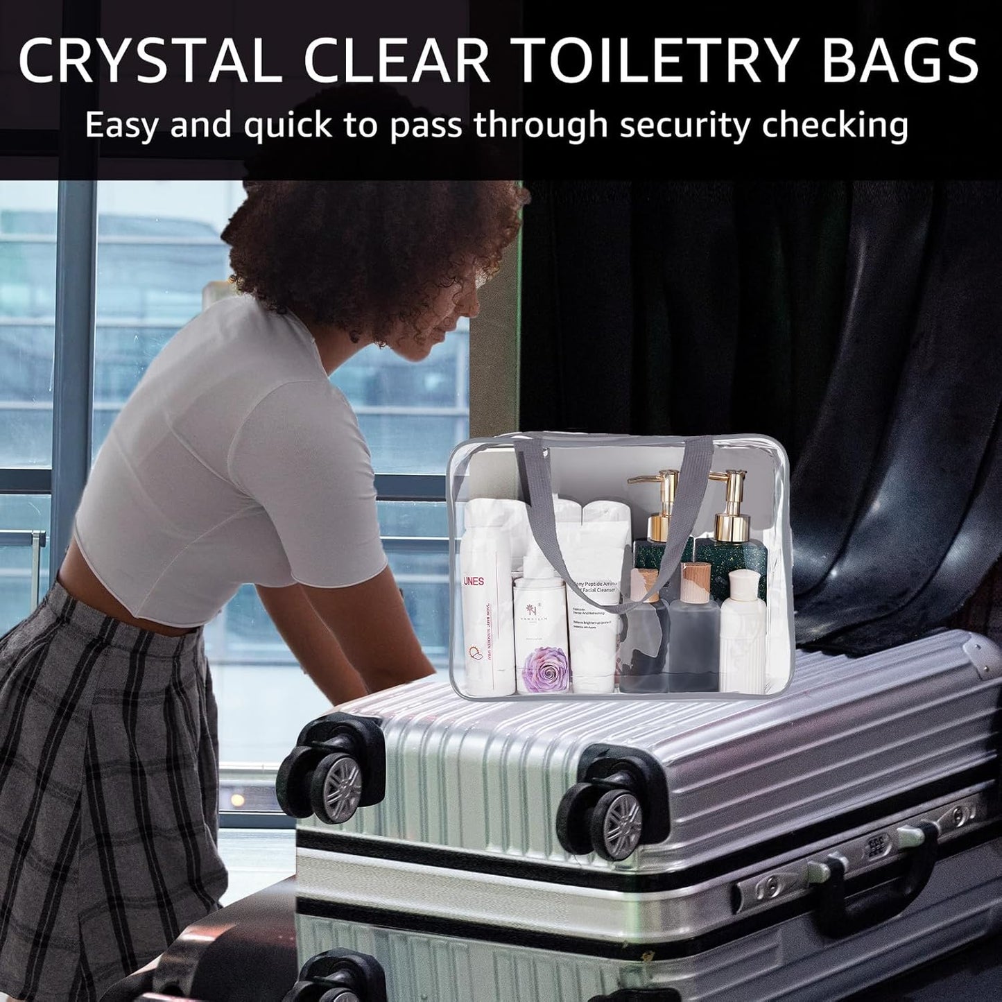 2Pcs Crystal Clear PVC Travel Toiletry Bag Kit for Women Men, Waterproof Vinyl Packing Organizer Storage Bags with Zipper Handle Straps, Cosmetic Pouch Carry on Airport Airline Compliant Bag Handbag