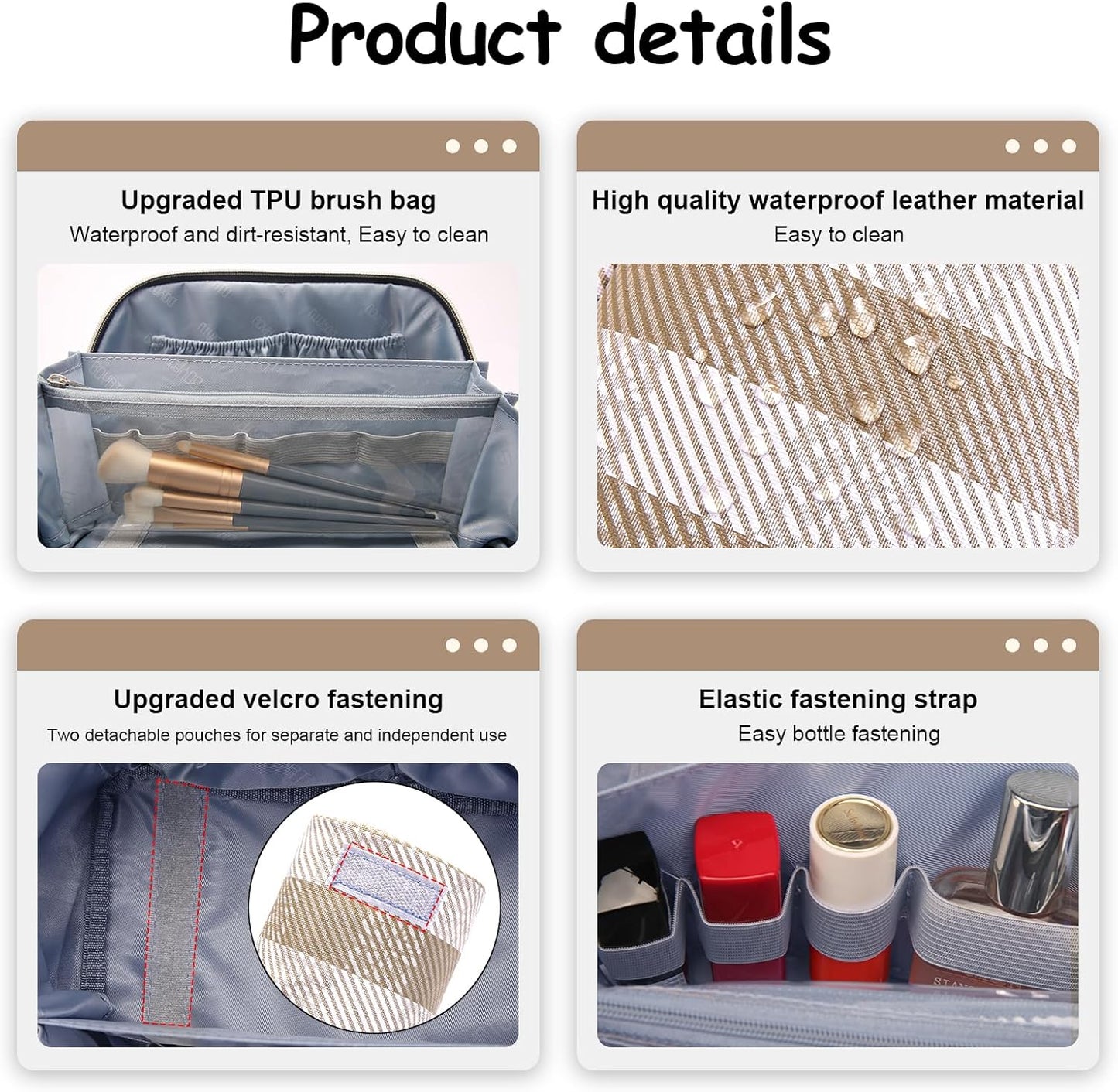 BOYATU Makeup Bag Travel Cosmetic Bag: 3 Pcs Set Portable Make up Bags for Women with Handle - Waterproof Vegan Leather Toiletry Organizer Bags with Comparments (F-04-Brown)