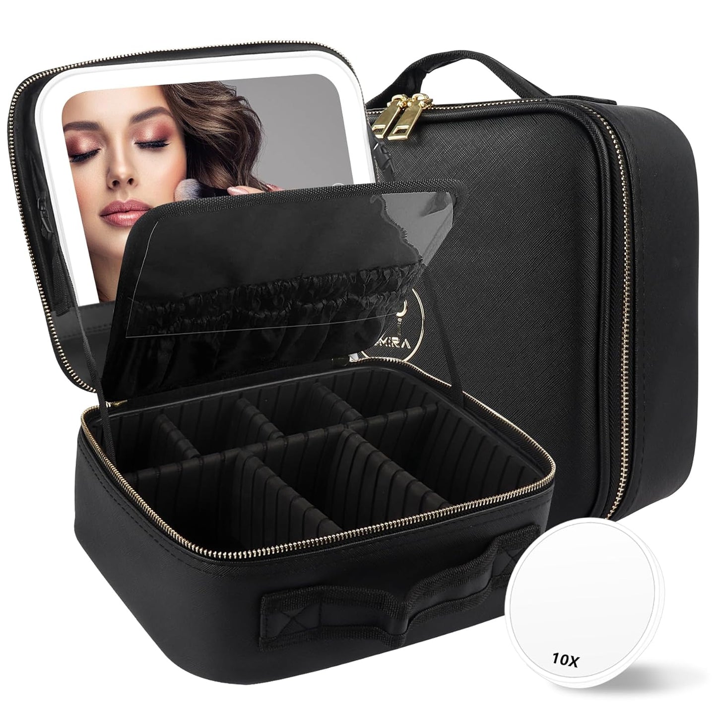 MOMIRA Travel Makeup Bag Cosmetic Bag with Lighted Mirror, Adjustable Brightness in 3 Color Scenarios, Waterproof, 10x Magnifying Mirror, Rotatable Independent Light Mirror- Black(Solid)