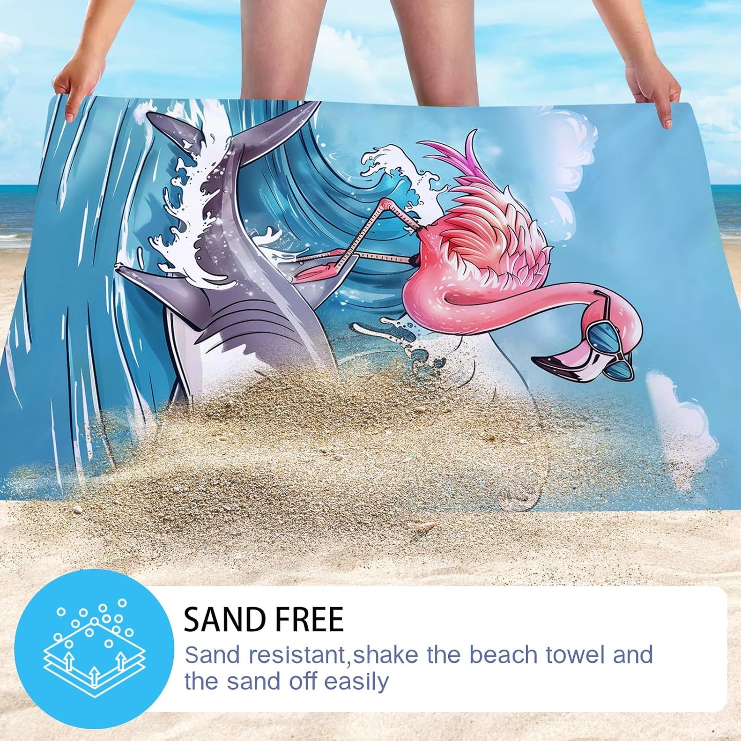 WZOMT Microfiber Flamingo Beach Towel Oversized, Funny Flamingo Riding A Shark Surfing Bath Towels for Kids Adults, Quick Dry Hot Pink Blue Ocean Flamingo Shark Swim Pool Towel 32x52 Inch