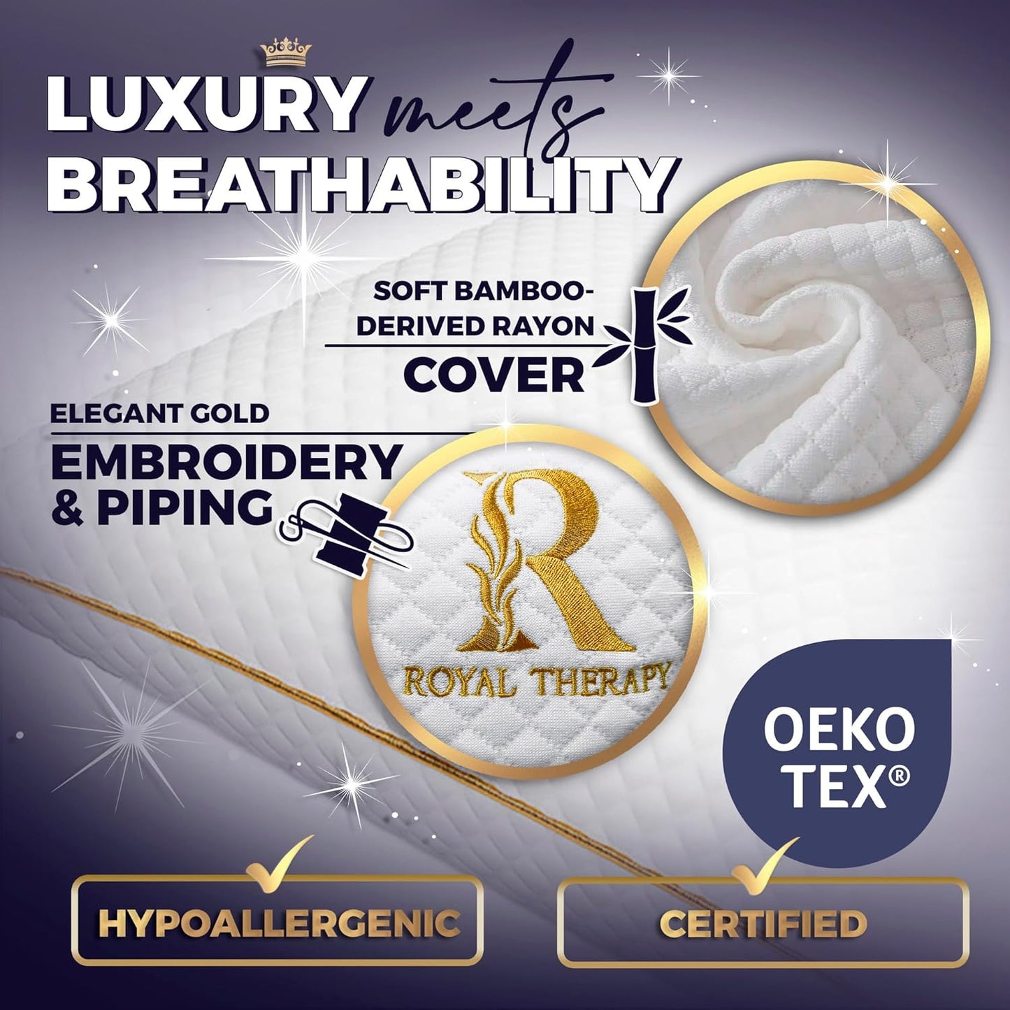 Royal Therapy King Memory Foam Pillows, 2-Pack - Shredded Memory Foam for All Sleep Positions, Medium Firm with Adjustable Loft, Bamboo Rayon Cover, CertiPUR-US & Oeko-TEX Certified