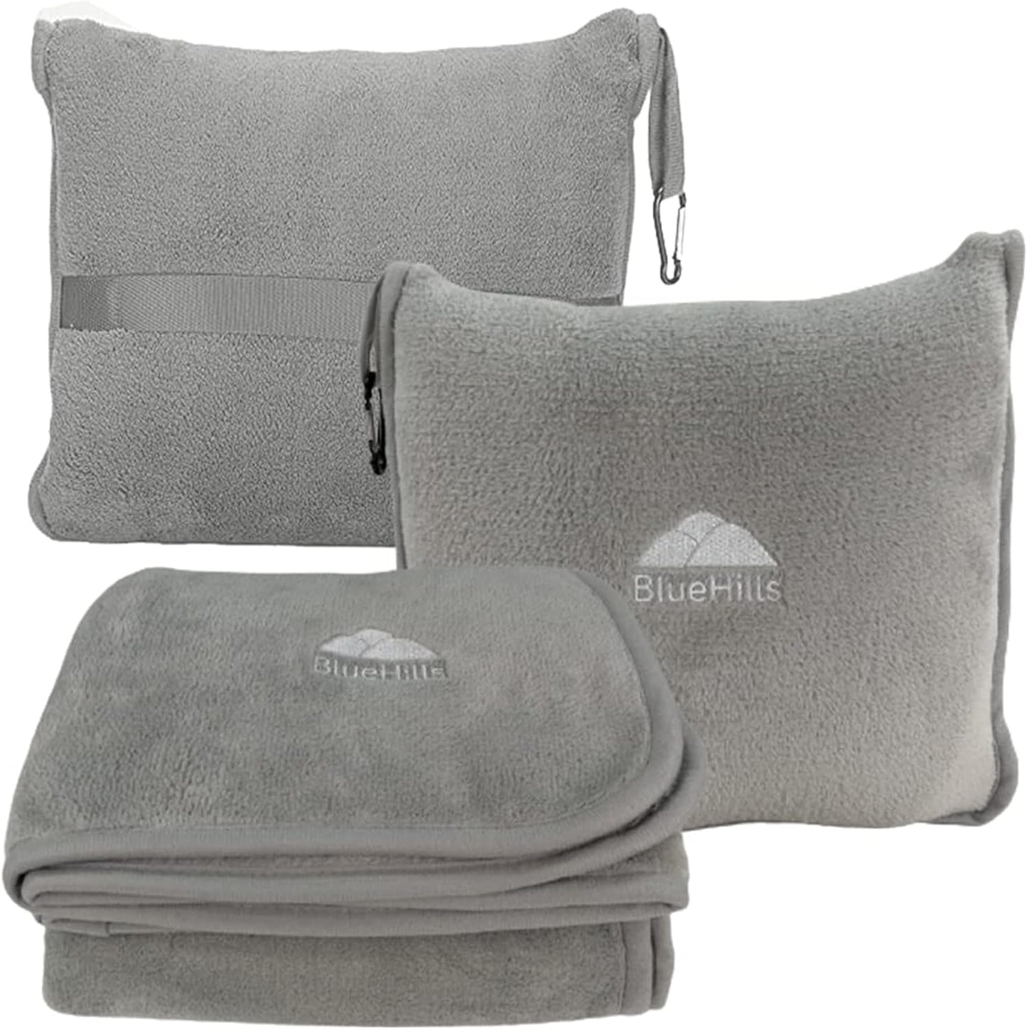 BlueHills Premium Soft Travel Blanket Pillow Airplane Flight Blanket Throw in Ultra-Soft Bag Pillow case Luggage Sleeve & Backpack Clip Large Air Warm Traveler Essentials - Light Gray T024