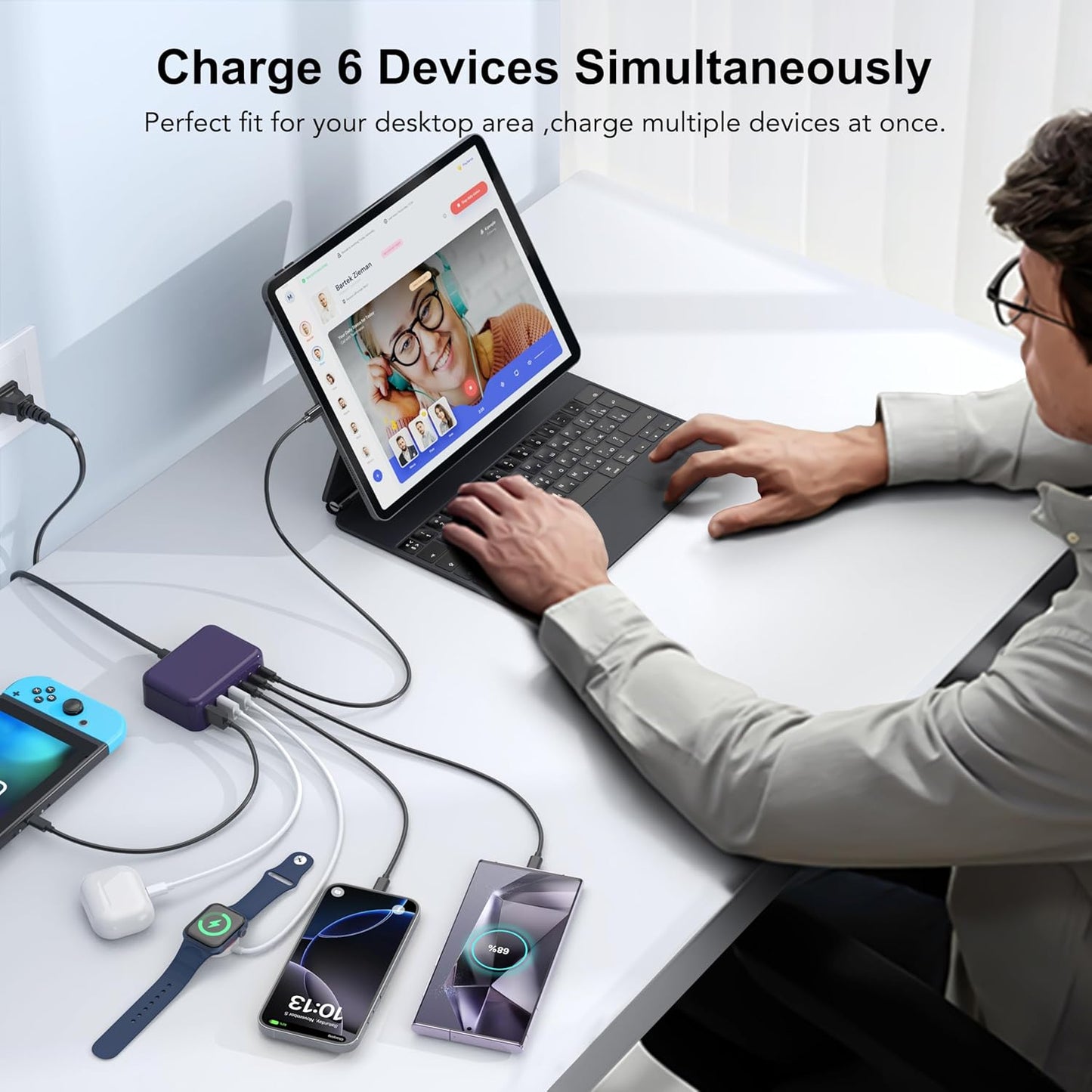 USB C Fast Charger 100W GaN 6 Port Type USB C Charging Station Hub Block Wall Charger Power Strip Adapter Plug Cube Brick 3 USB A for iPad iPhone 15 14 13 12 11 Pro Max Pixel Note Galaxy