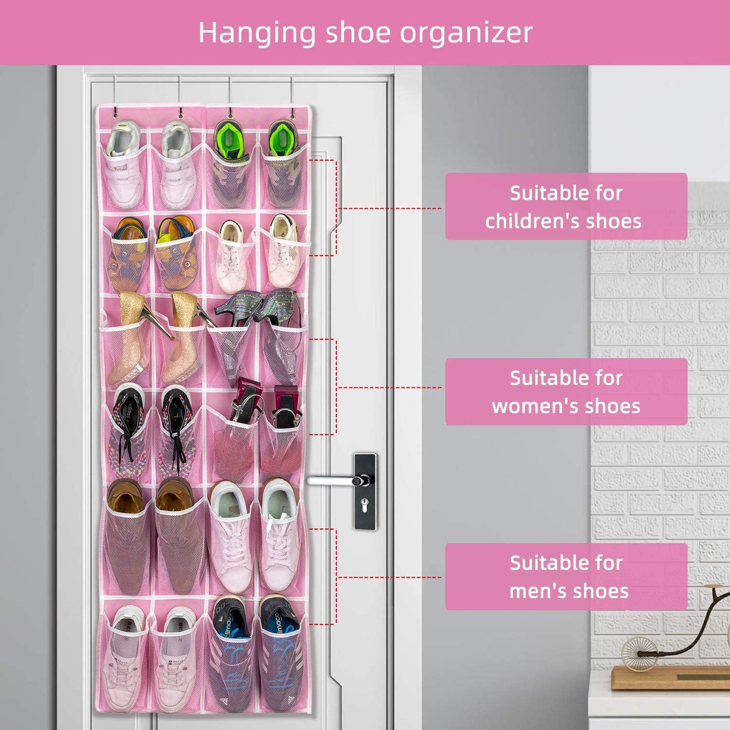 Hanging Shoe Organizer 2Pack, Over The Door Shoe Rack with 24 Mesh Pockets - Pink (2pack), Size: 58x21 Inch