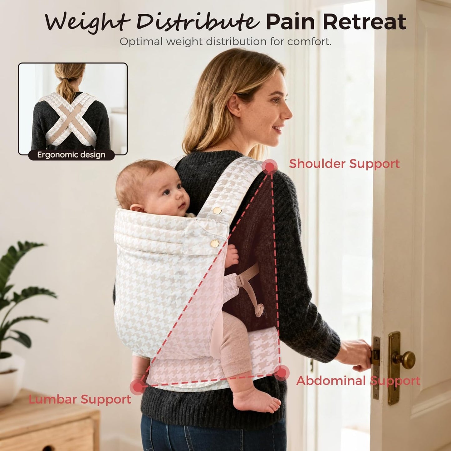 Baby Carrier Newborn to Toddler- Ergonomic,Cozy and Lightweight Infant Carrier for 7-40lbs,3 Carry Positions Newborn Carrier,White Houndstooth