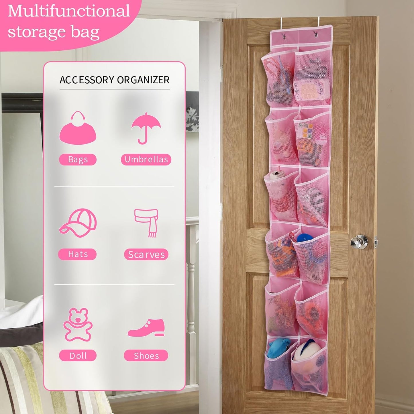 Over the Door 12 Pocket Hanging Shoe Organizer, Pink