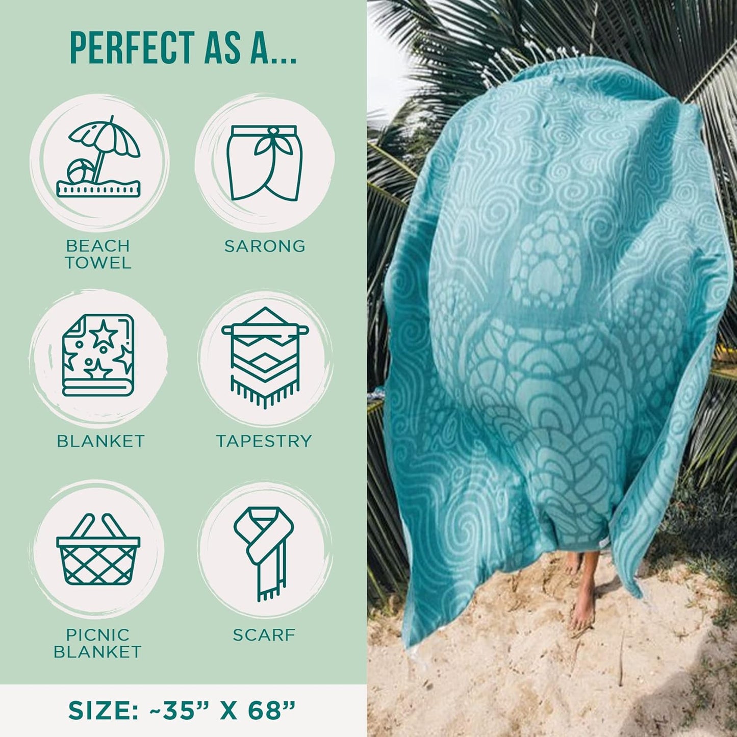Sand Cloud Turkish Beach Towel - Sand Free - 100% Organic Turkish Cotton Yarn - Quick Dry Towel for Beach, Picnic, Blanket or Bath Towel - As Seen on Shark Tank - Marine Life (Swirl Turtle)