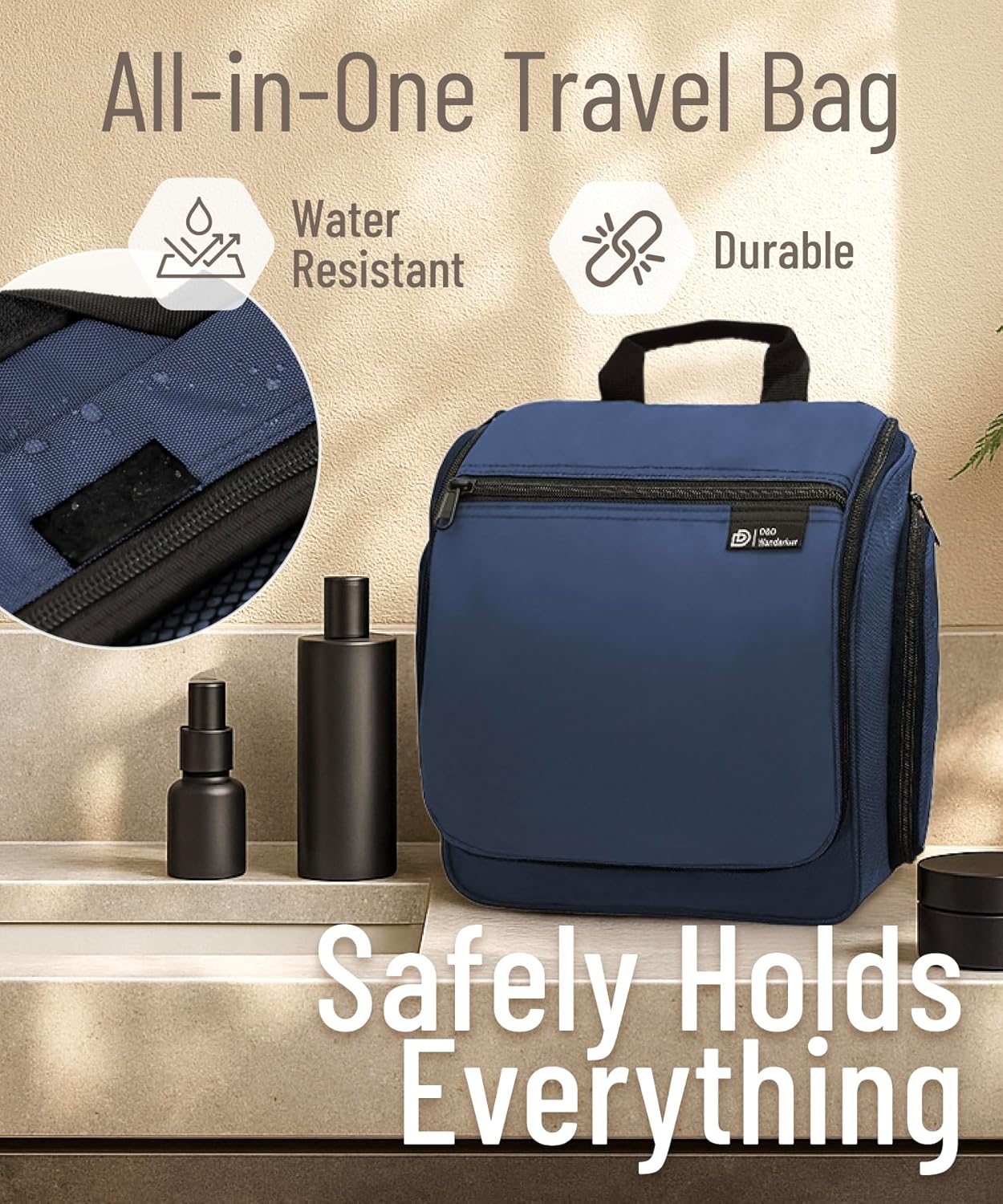 D&D Hanging Travel Toiletry Bag for Men and Women – Extra Large Hanging Shower Bag Toiletries Organizer Kit with 10 Compartments, Quality Zippers, XXL Metal Swivel Hook, Water-Resistant Nylon