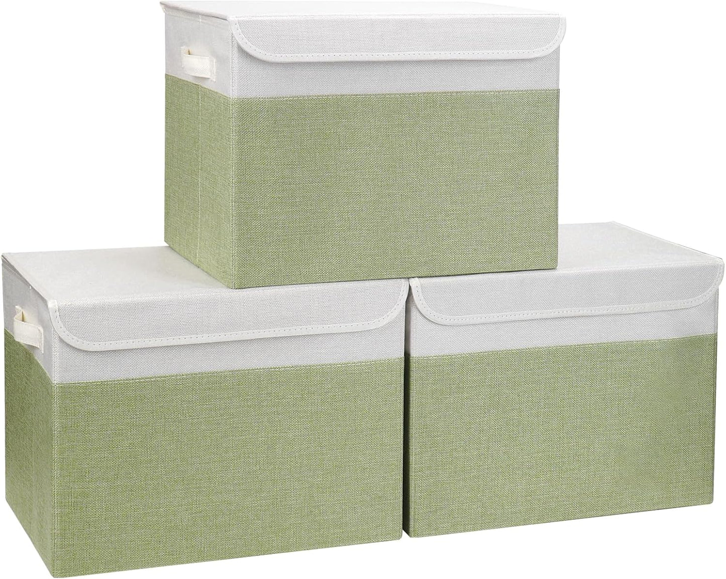 Large 17" 42 Quarts Collapsible Stackable Storage Bins with Lids [3-Pack] Foldable Fabric Linen Storage Boxes Cube, Closet Organizer Baskets with Label for Home (16.7 x 12 x 12", Green & White)
