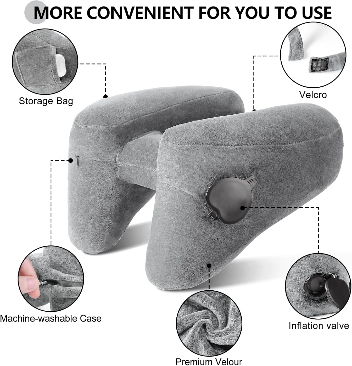 Sunany Neck Pillow for Travel Inflatable Airplane Pillow Comfortably Supports Head,Neck and Chin,Inflatable Travel Pillow with Soft Velour Cover,Hat,Portable Drawstring Bag (Grey)